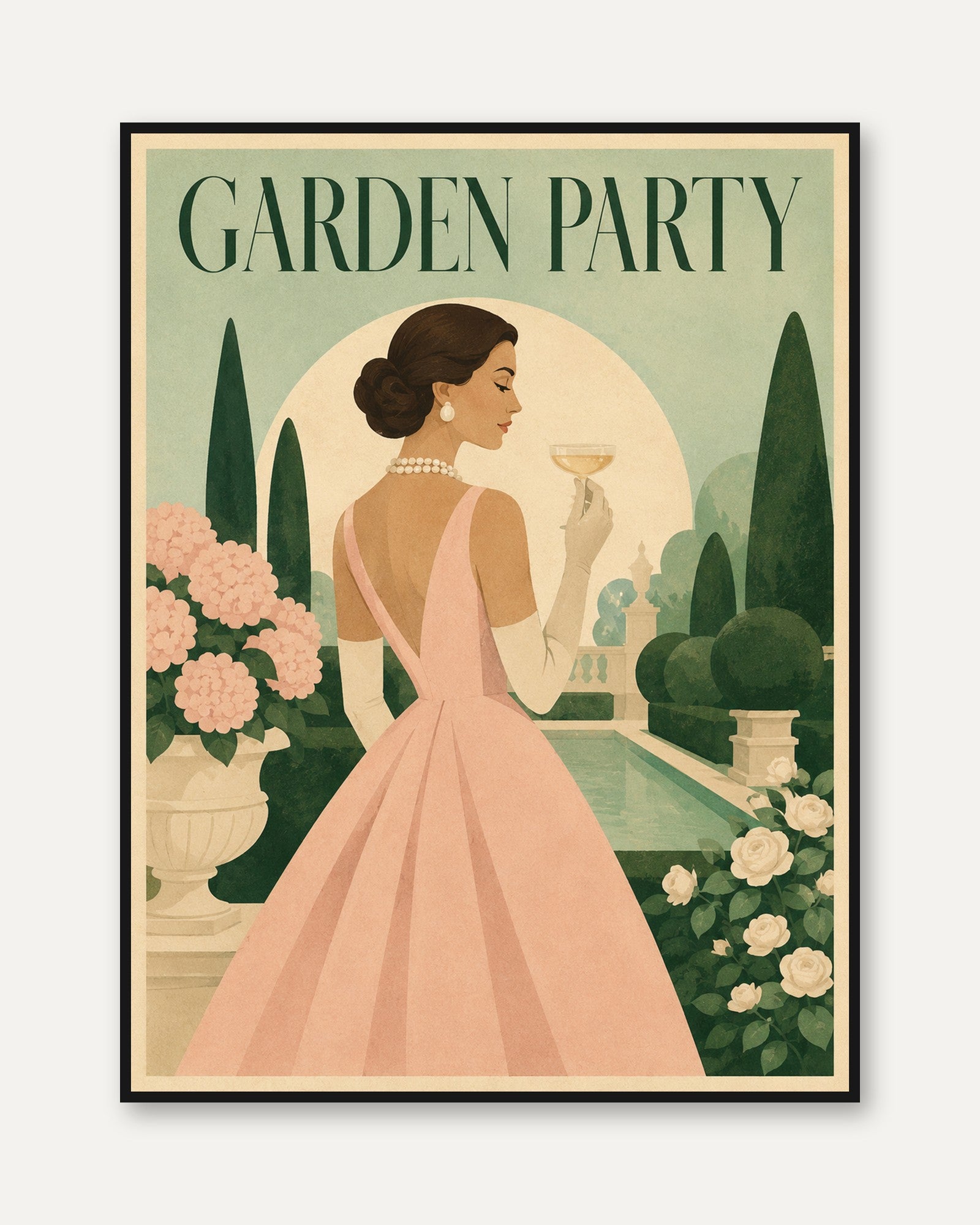 Garden Party Vintage Poster — Elegant Mid-Century Woman in Pink Gown - framed