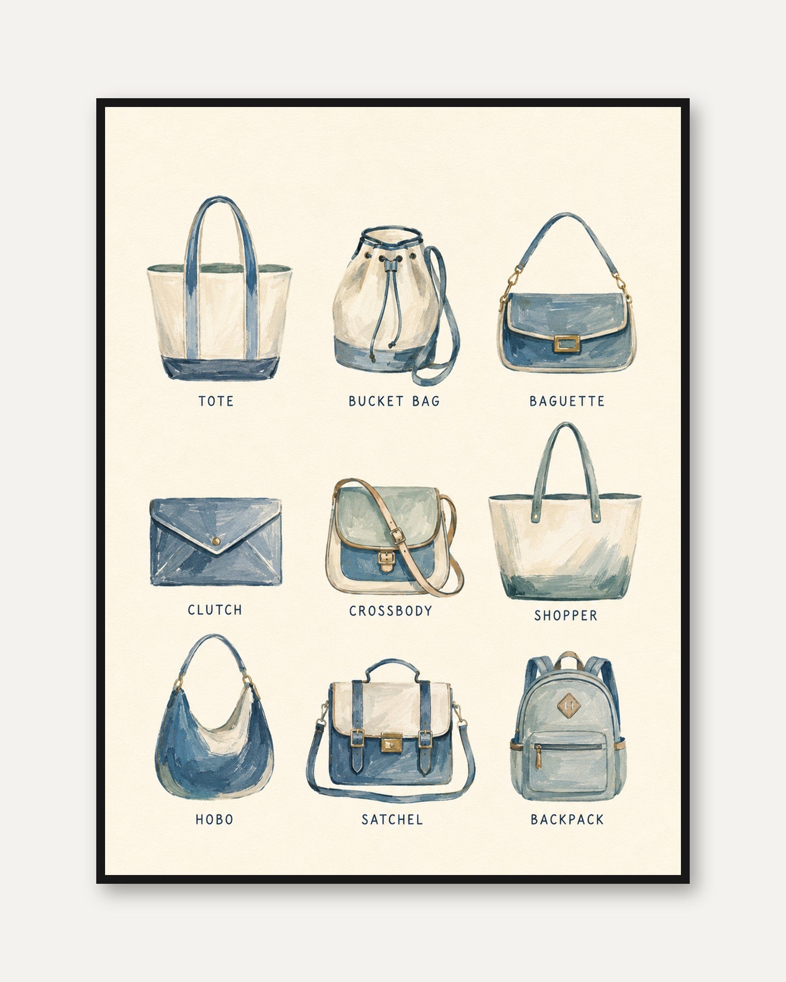 Bag Types Wall Art – Fashion Print - framed