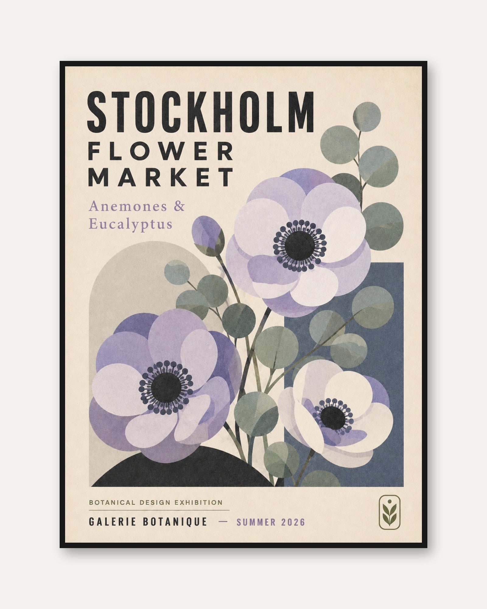 Stockholm Flower Market Print — Botanical Anemones & Eucalyptus - framed