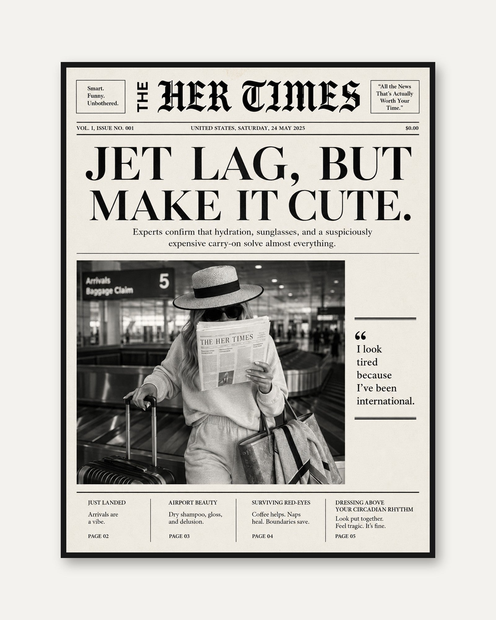 Jet Lag Travel Newspaper Print: Vintage Black and White Art - framed