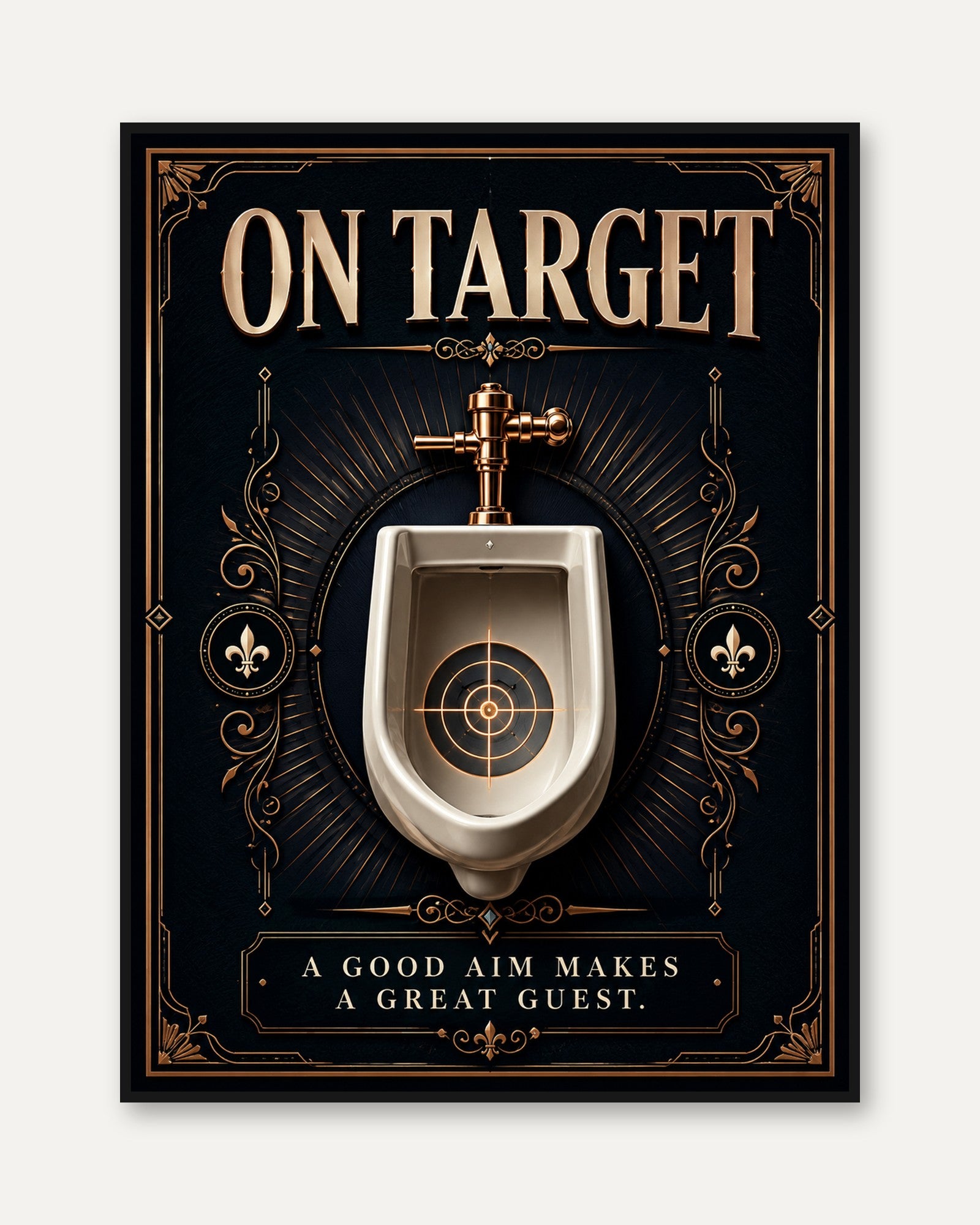 On Target Bathroom Wall Art: Art Deco Gold and Navy Humor Print - framed