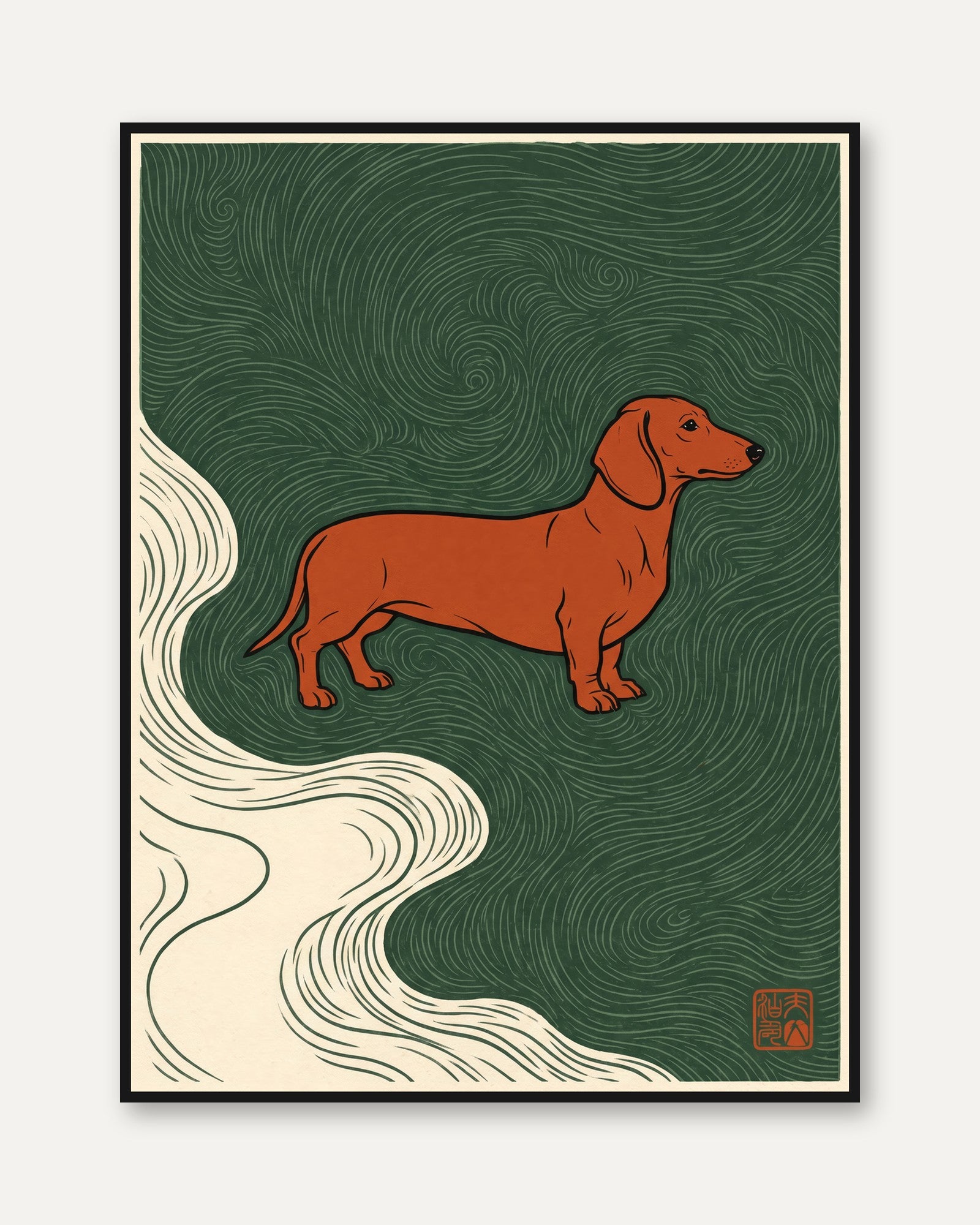 Dachshund Wall Art: Japanese Woodblock Style - framed