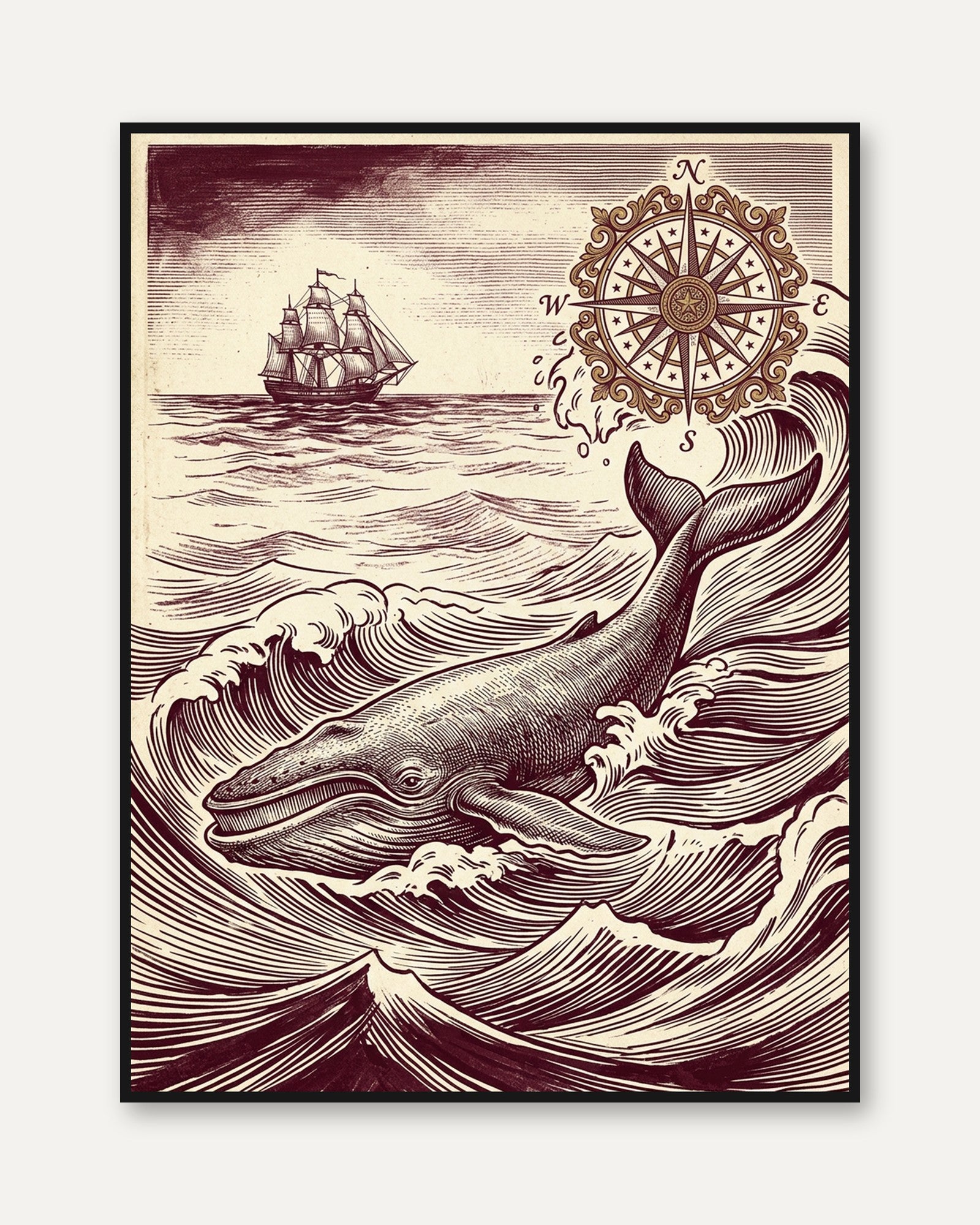Vintage Whale Print: Nautical Engraving with Compass Rose & Ship - framed