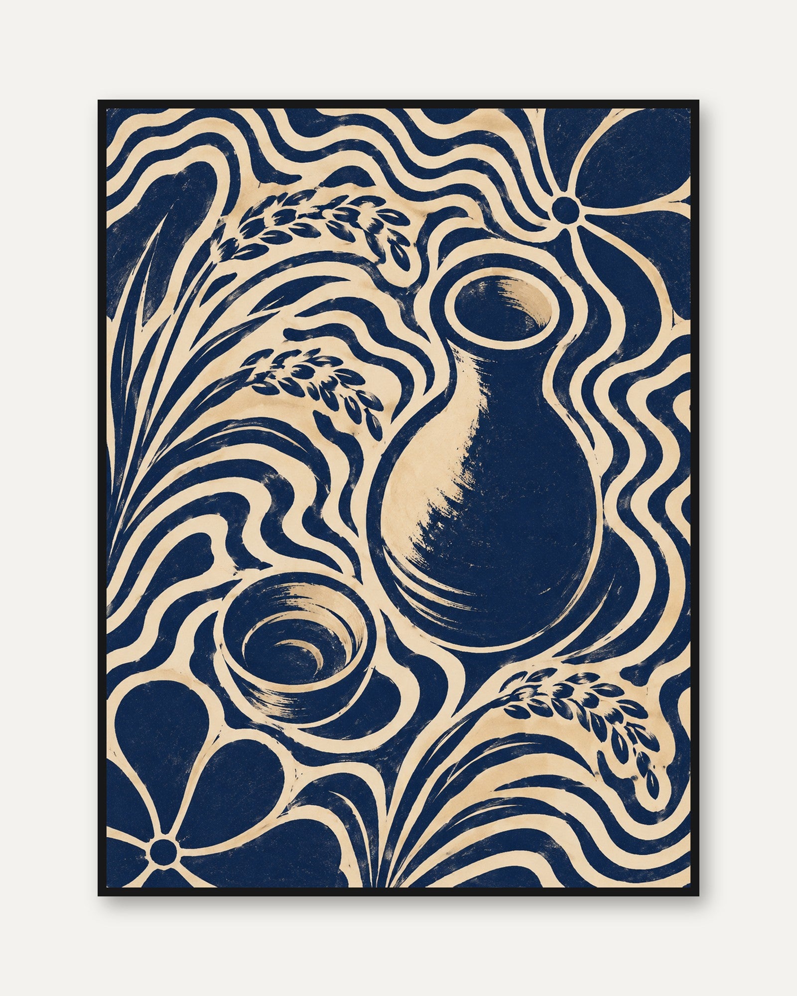 Art Nouveau Vase Print: Navy Blue and Cream Floral Design - framed