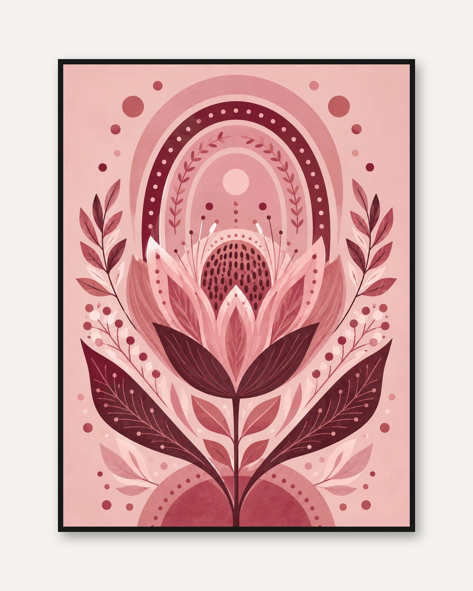 Pink Botanical Wall Art – Floral Folk Art Print - framed