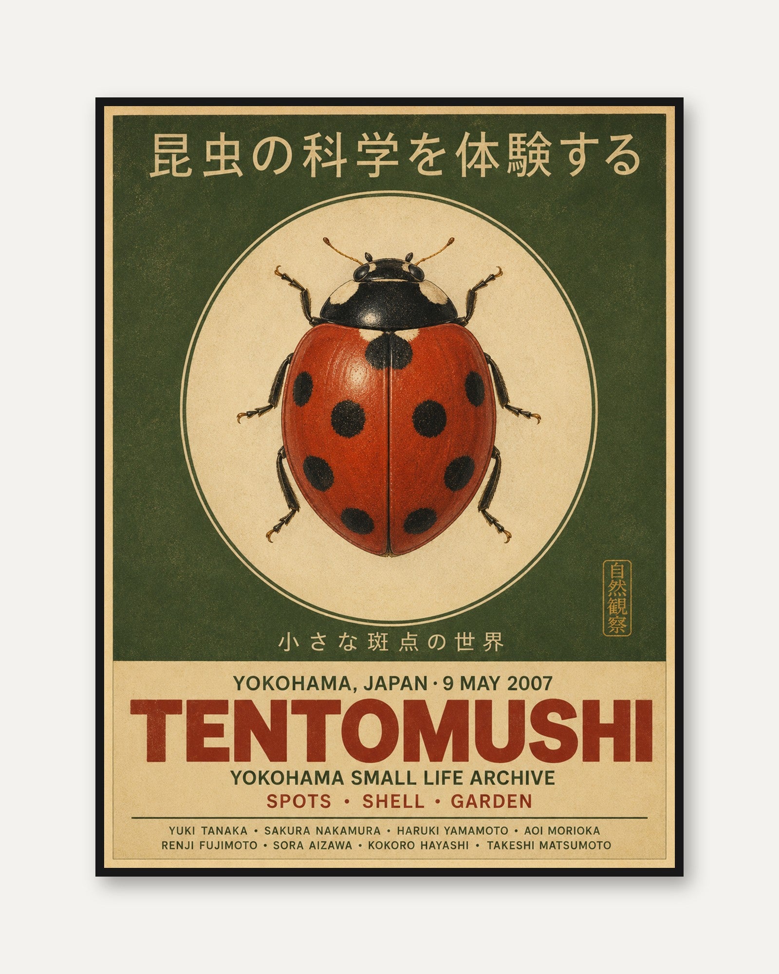 Vintage Japanese Ladybug Poster: Retro Entomology Wall Art - framed