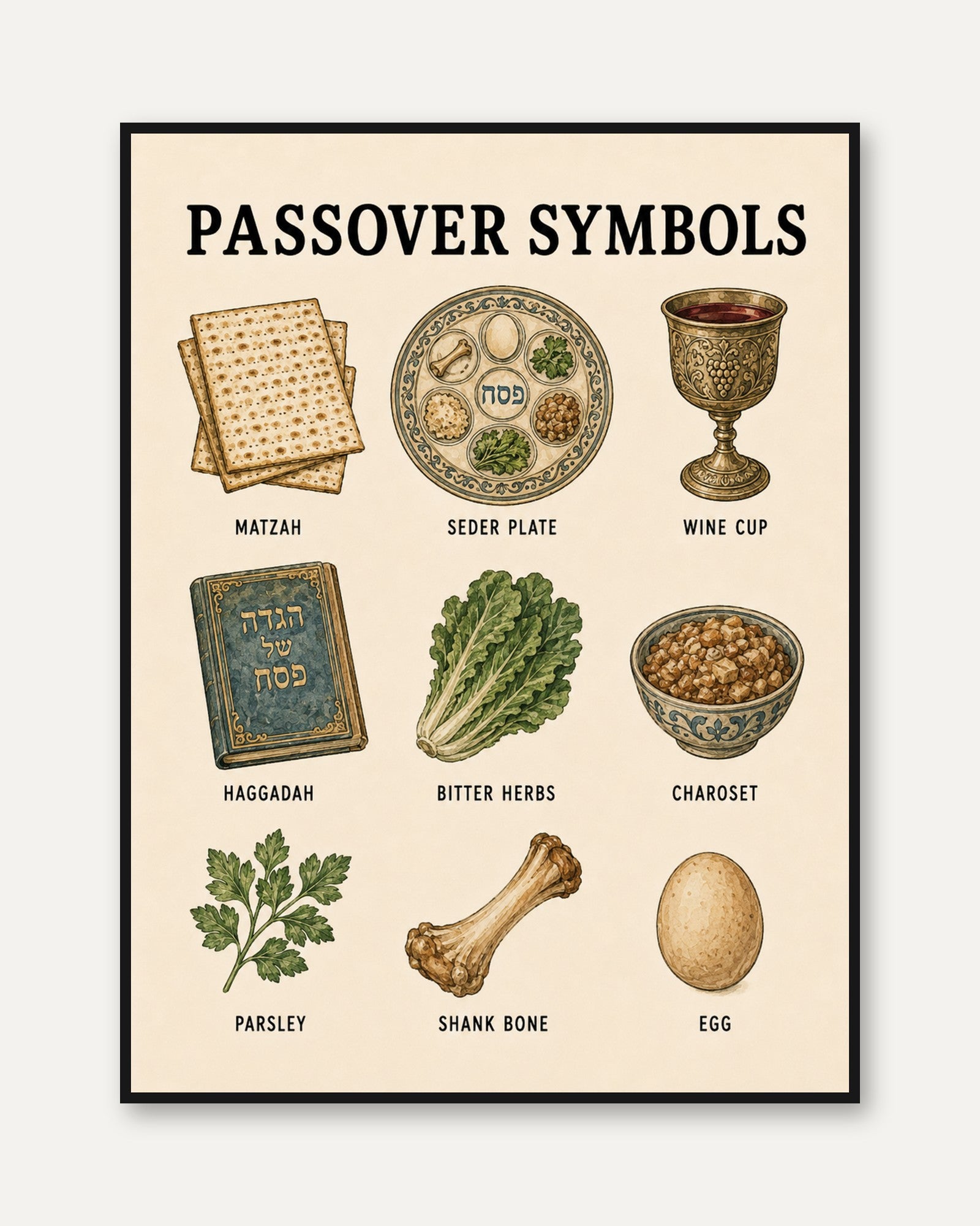 Jewish Passover Art Print – Seder Symbols - framed