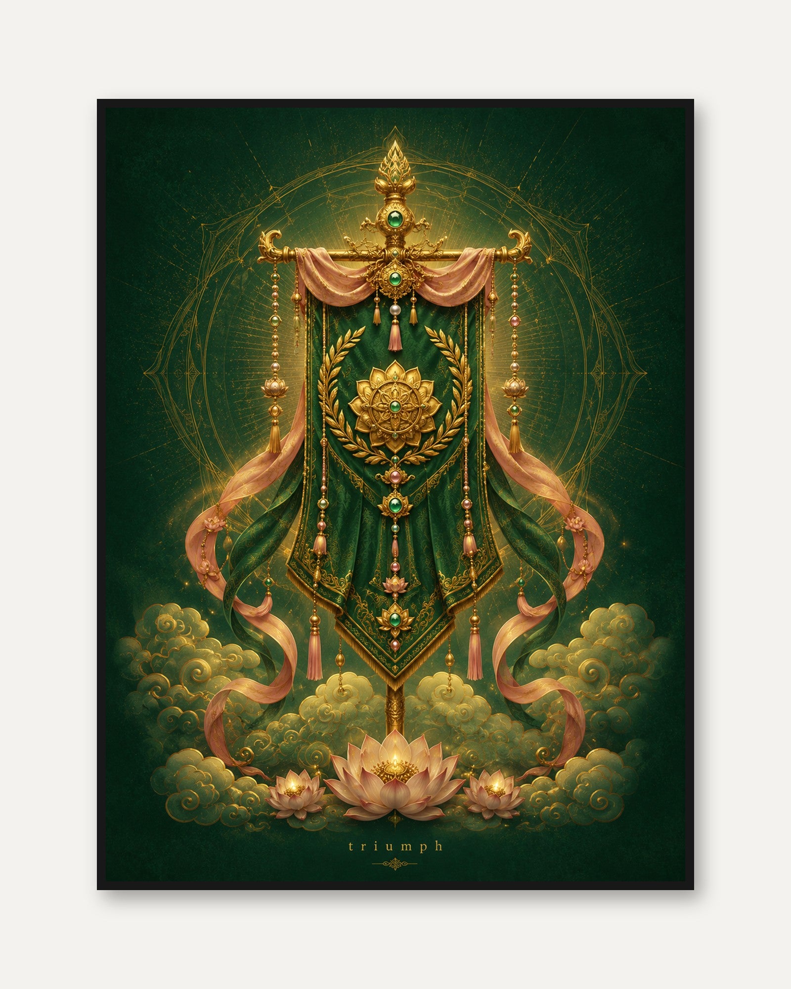Lotus Flower Wall Art – Green Gold Buddhist Decor - framed