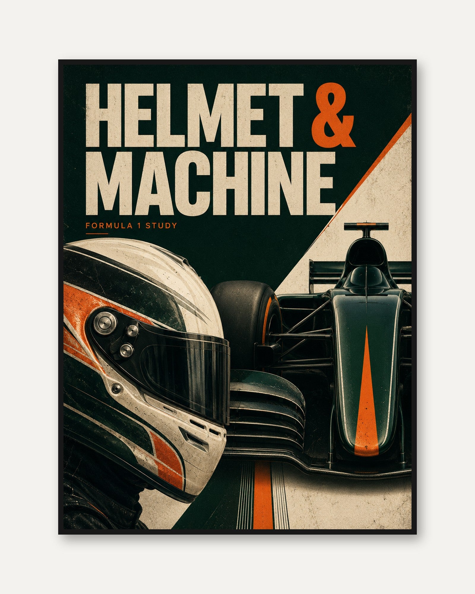 Vintage Formula 1 Racing Poster: Retro Helmet and Car Art - framed