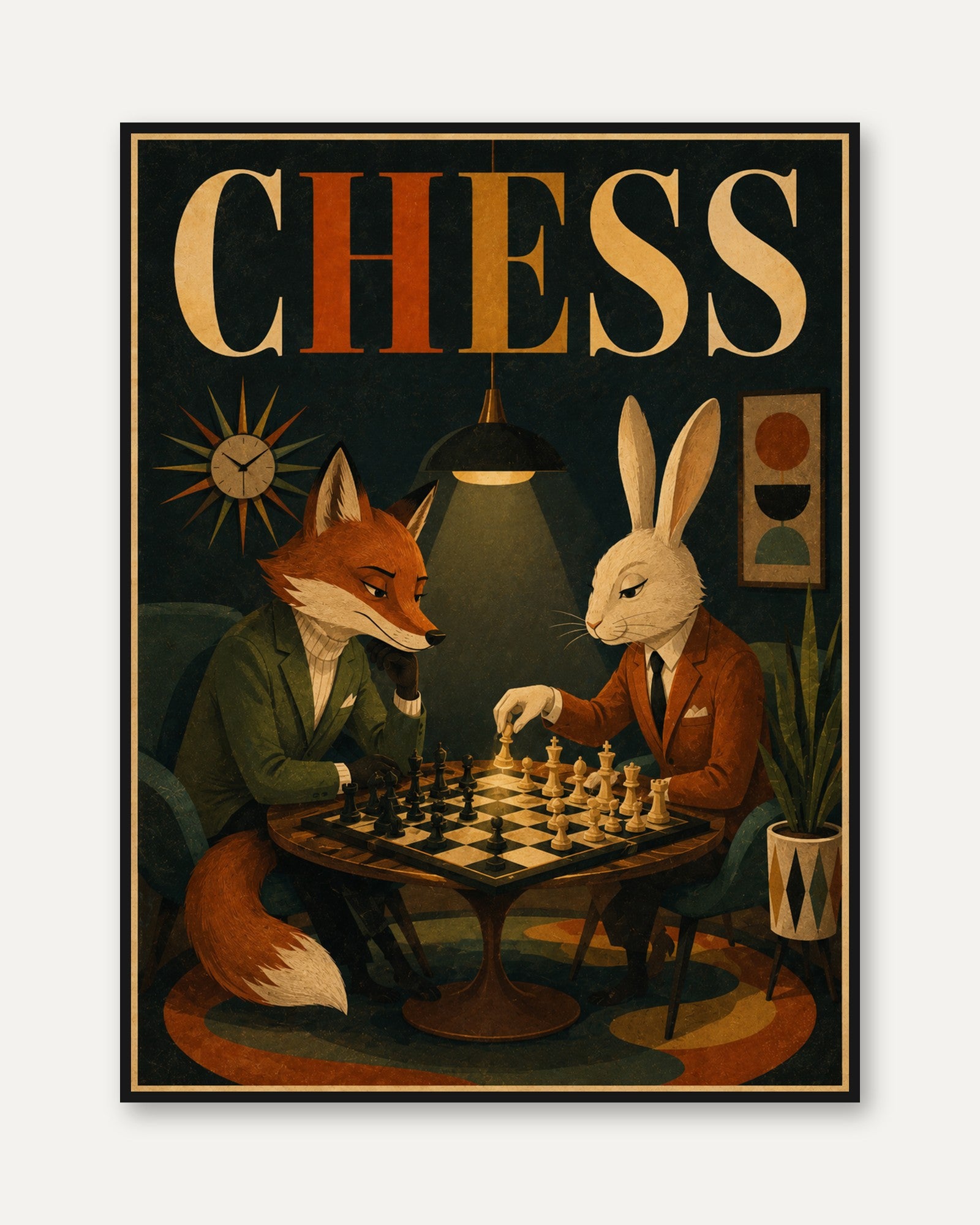 Fox and Rabbit Chess Game: Retro Mid-Century Modern Art Print - framed
