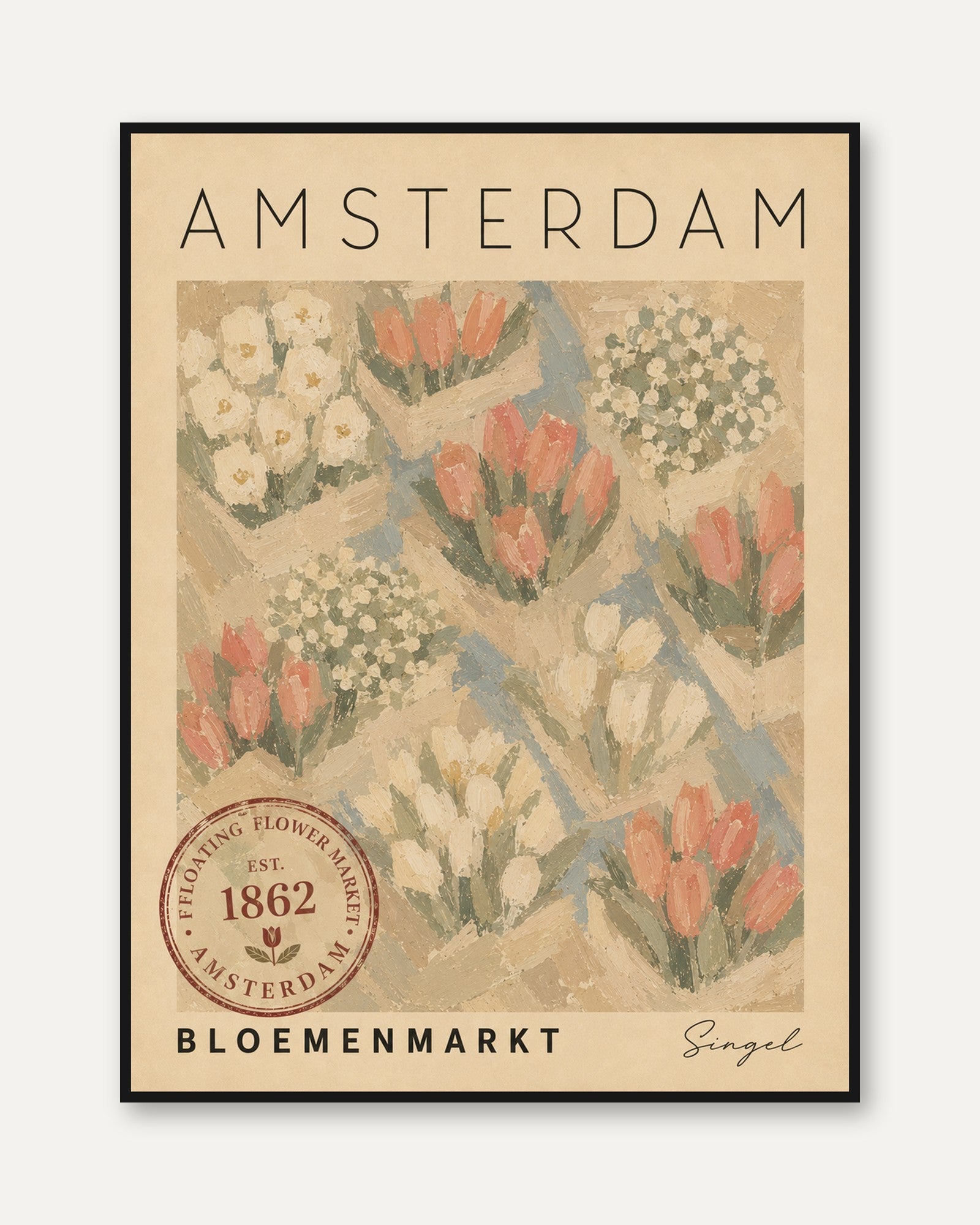 Amsterdam Tulip Market Poster: Vintage Floral Travel Art - framed