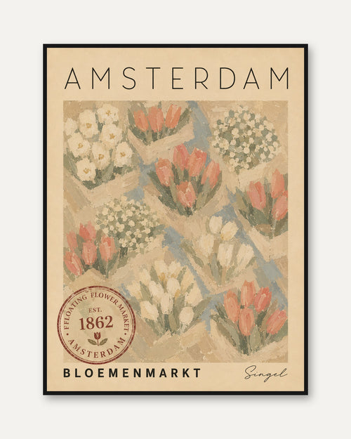 Amsterdam Tulip Market Poster: Vintage Floral Travel Art - framed