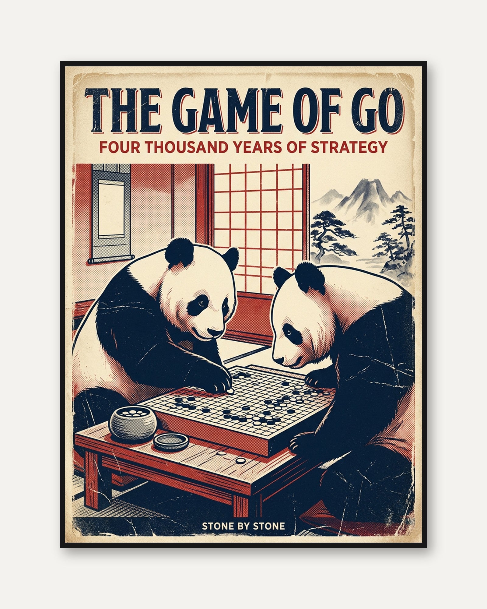 Pandas Playing Go Poster: Vintage Japanese Game Illustration - framed
