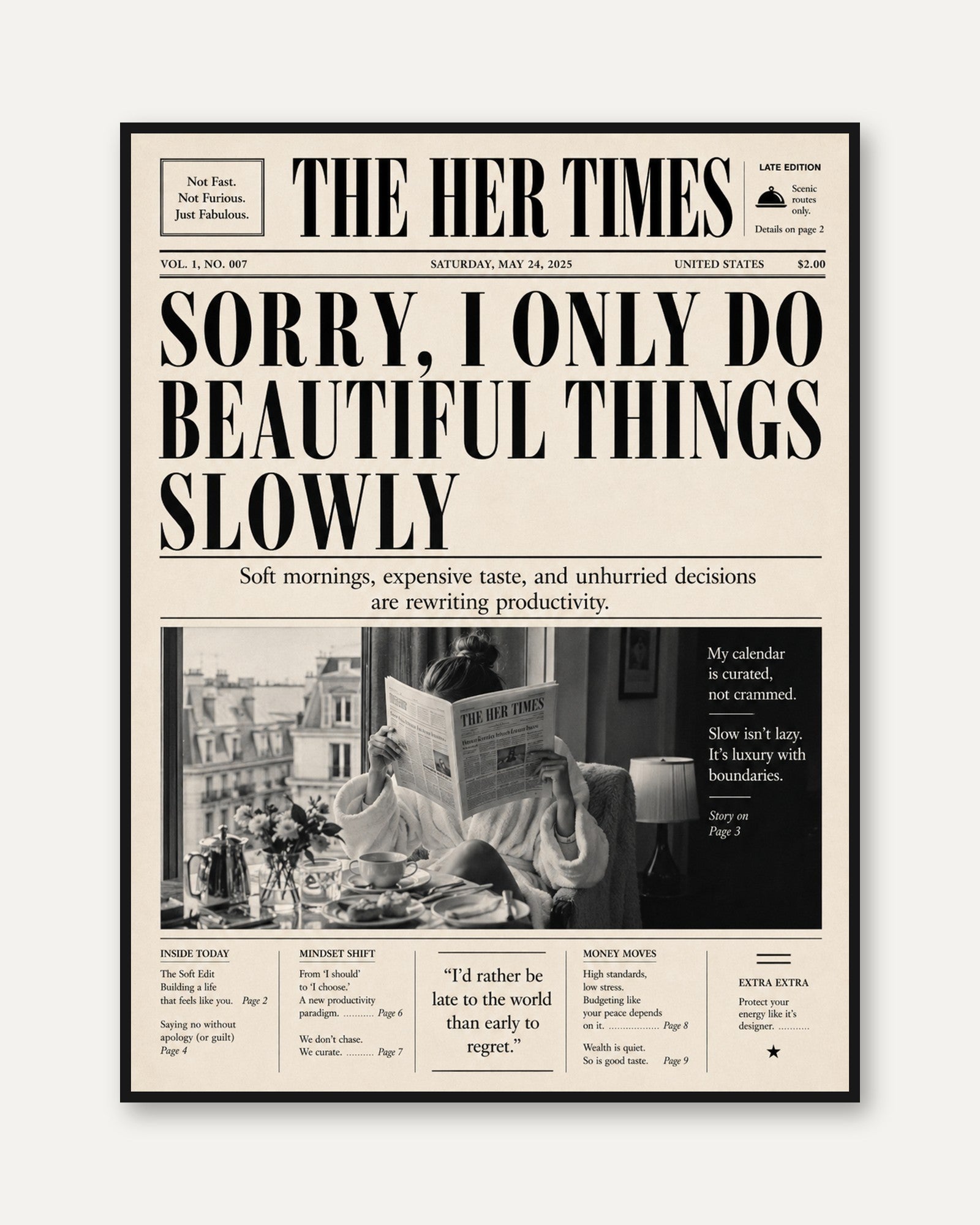 The Her Times Newspaper Art Print: Vintage Typography Poster - framed
