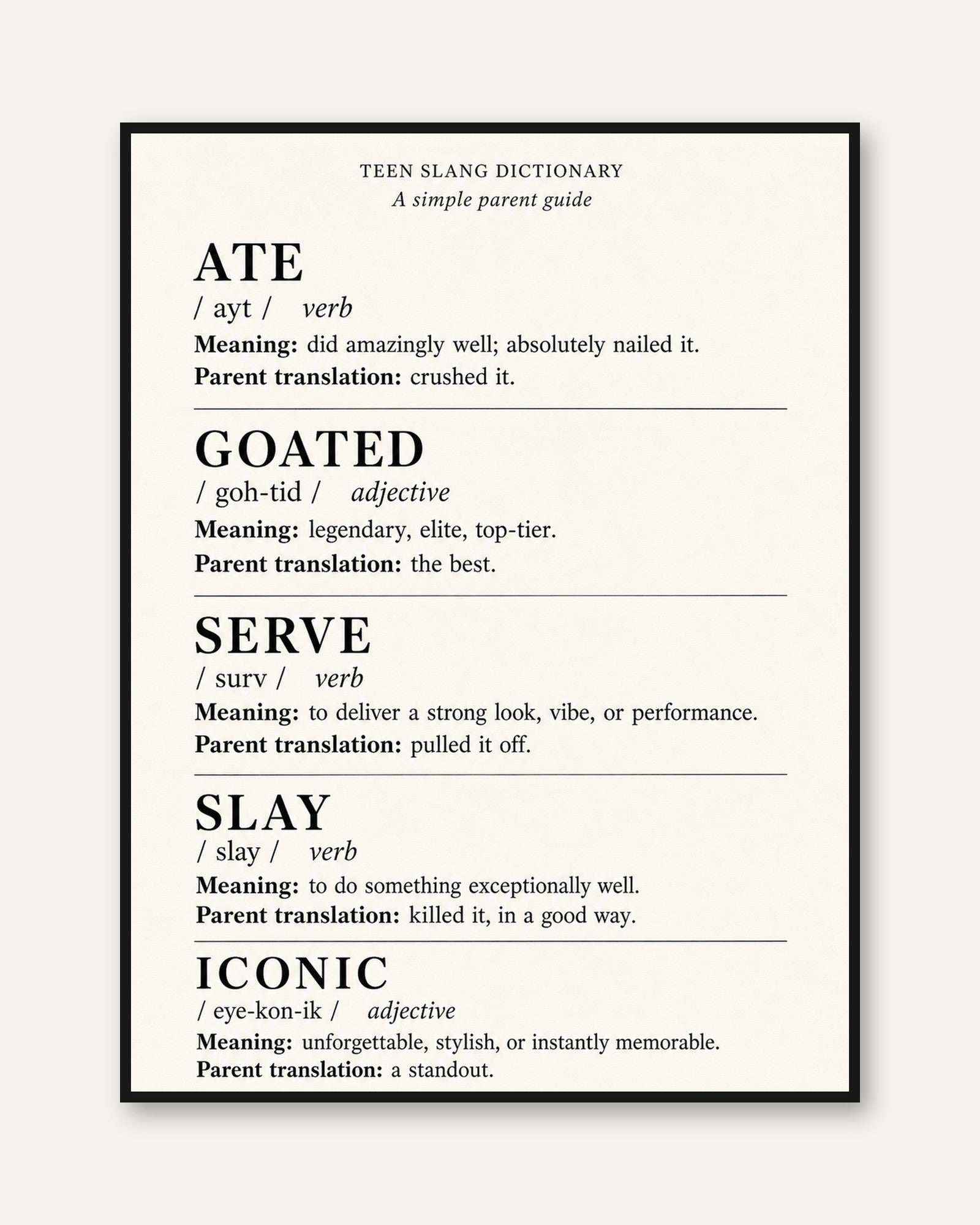 Teen Slang Poster – Parent Translation Guide - framed