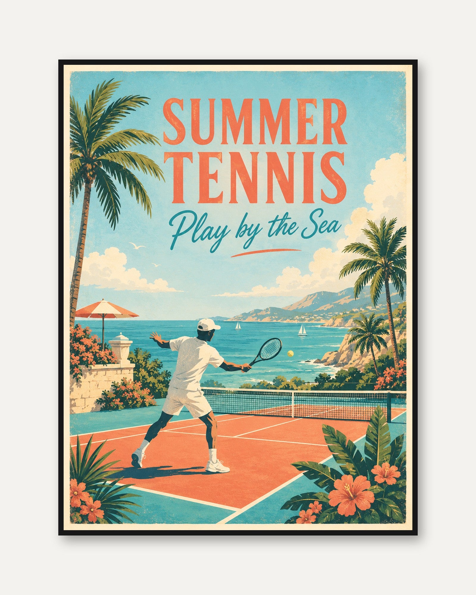 Summer Tennis Poster: Vintage Coastal Sports Wall Art - framed