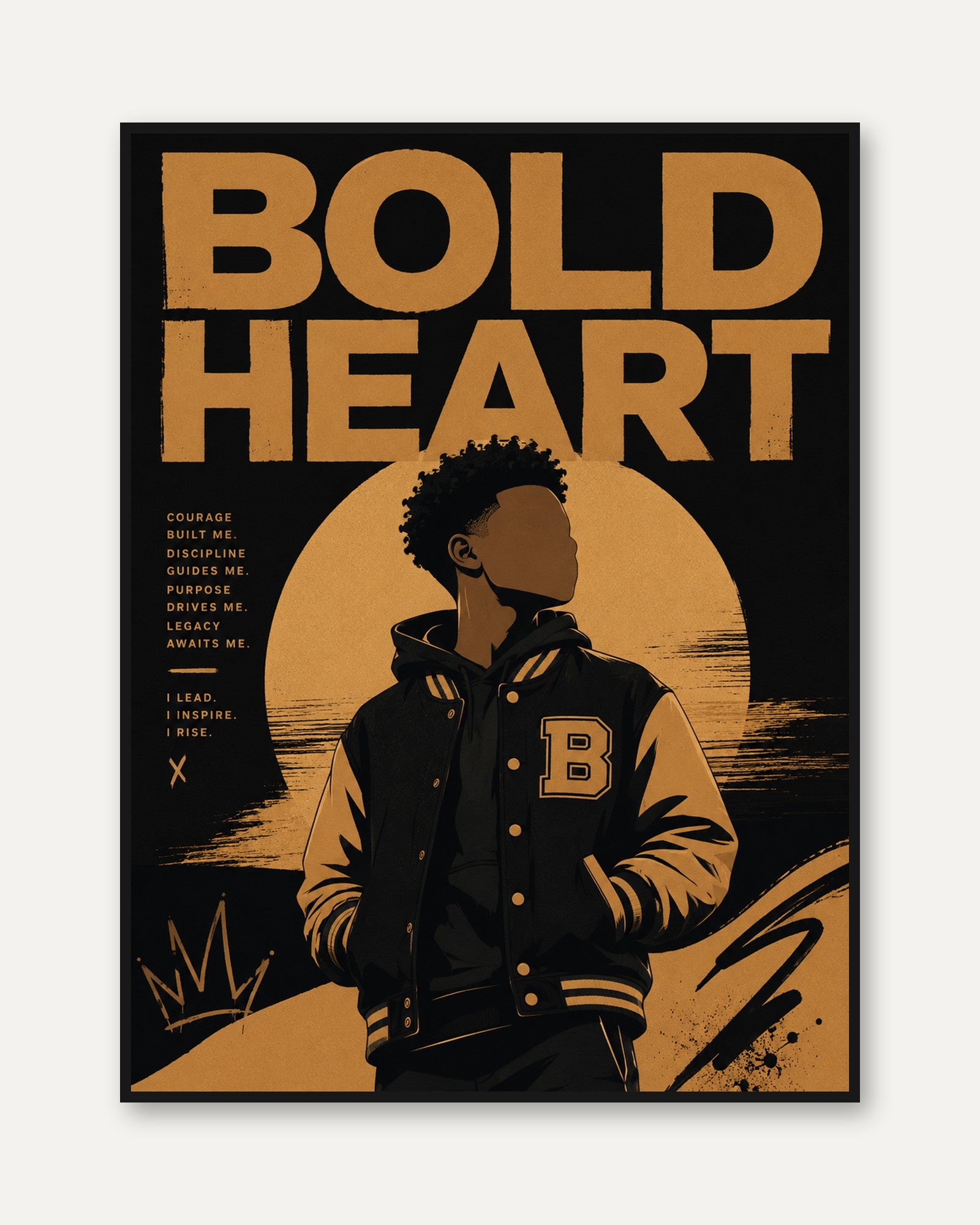 Bold Heart Motivational Poster: Black and Gold Typography Art - framed
