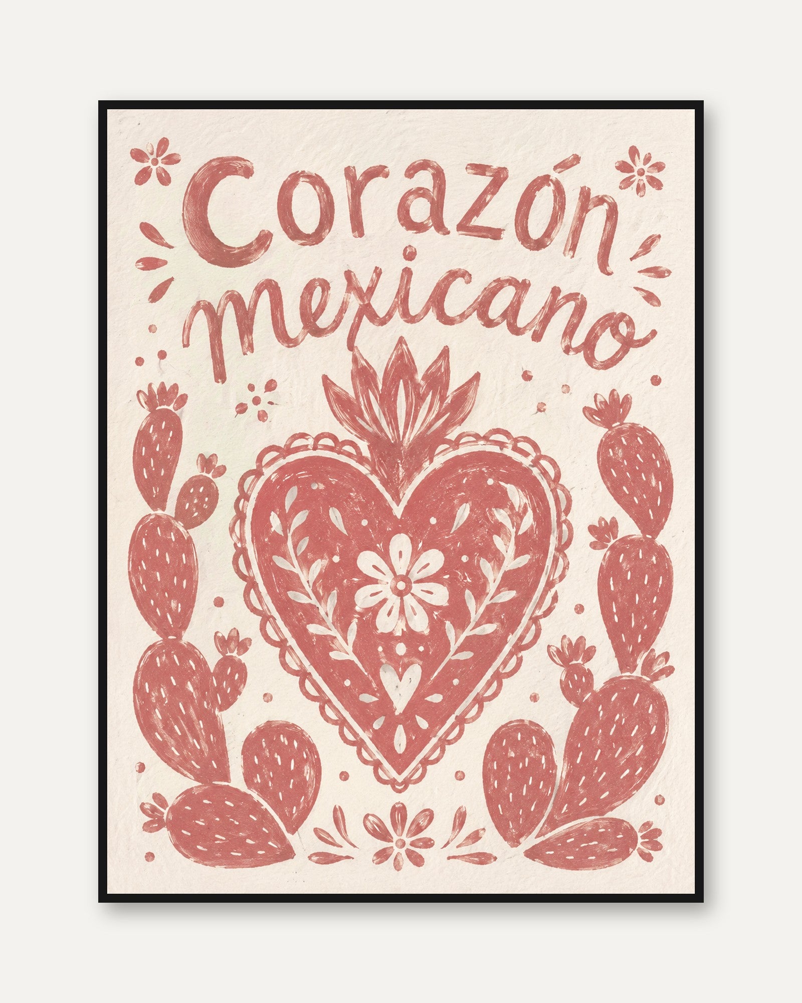 Corazon Mexicano Folk Art Print: Red Heart and Cactus Design - framed