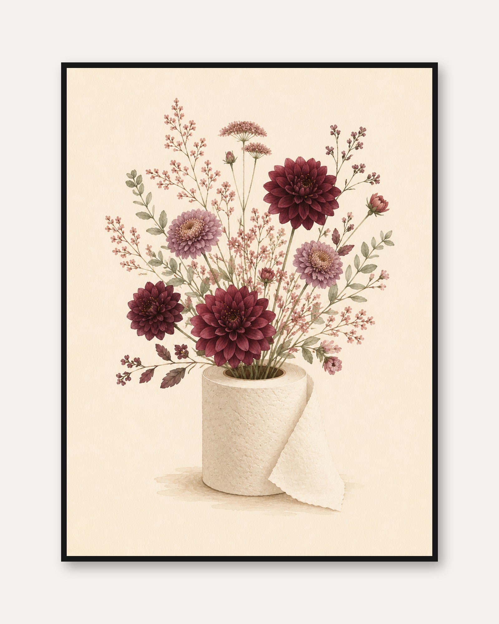 Burgundy Dahlia Botanical Print: Vintage Floral Arrangement Art - framed