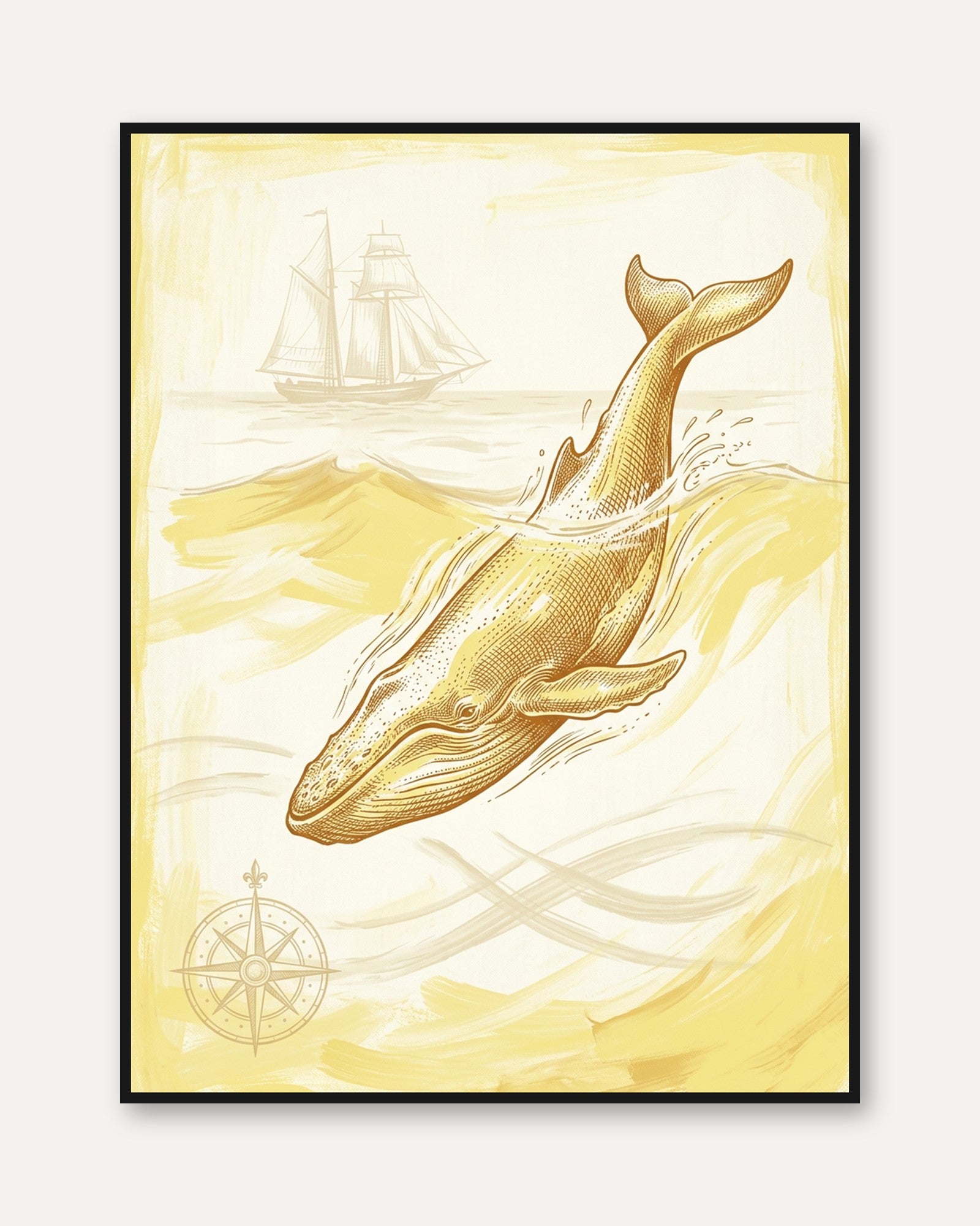 Golden Whale and Ship Art Print: Vintage Nautical Illustration - framed