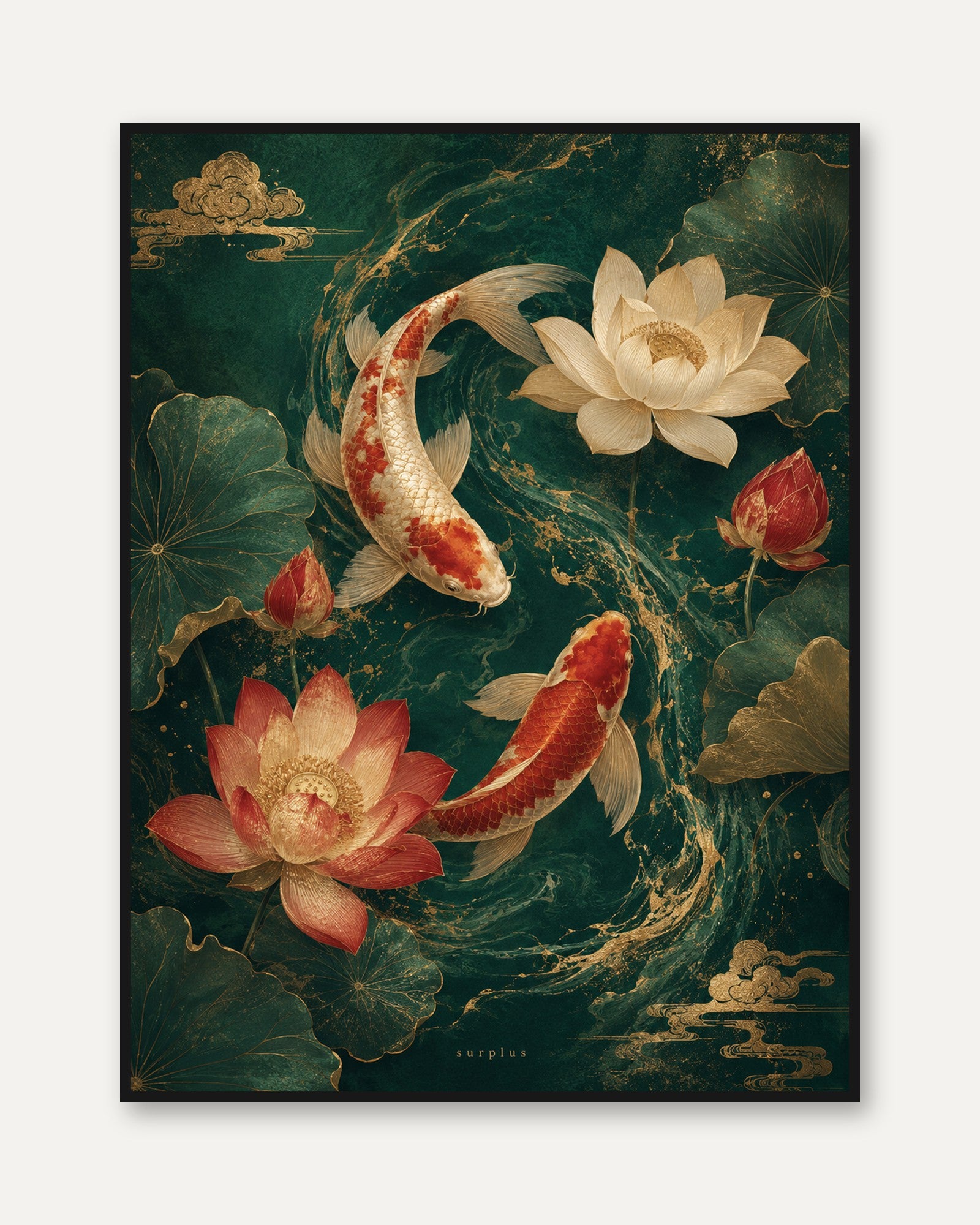 Koi Fish Wall Art – Lotus Flower Print - framed