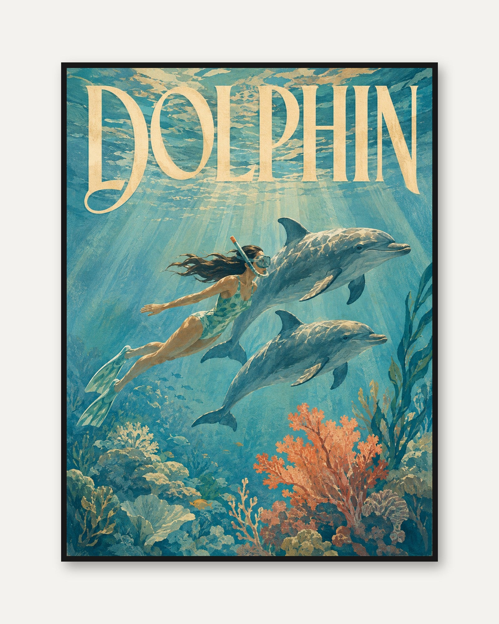 Dolphin Wall Art – Vintage Ocean Poster - framed