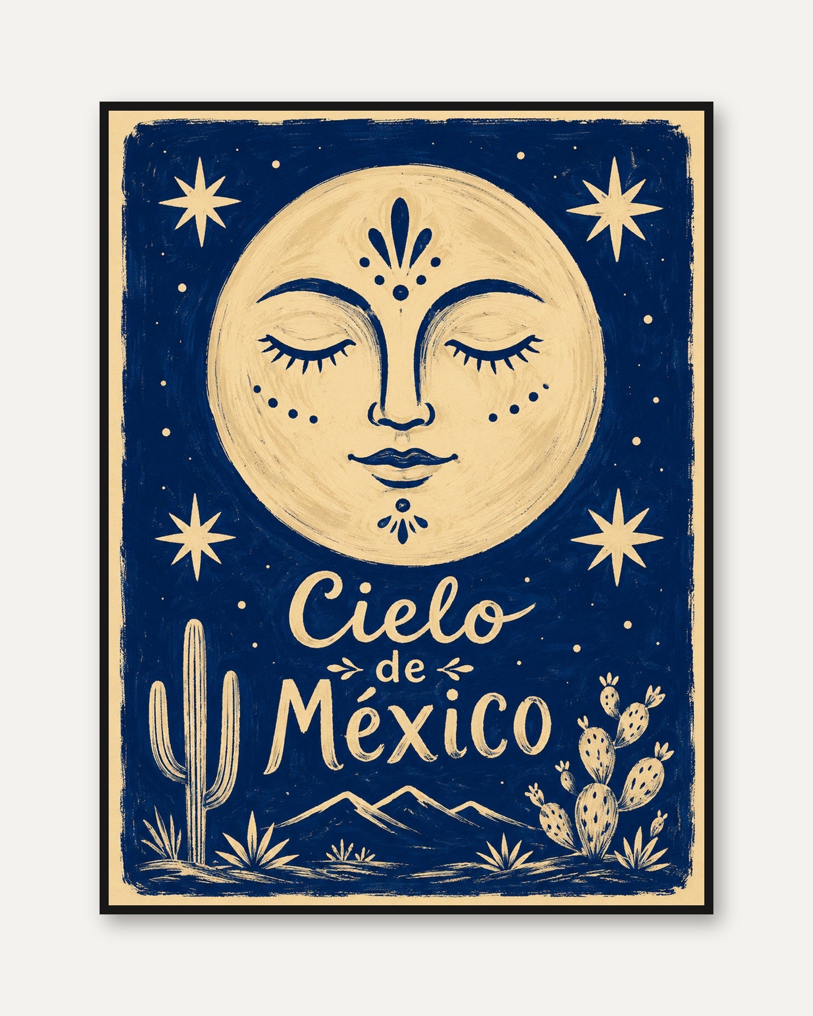 Mexican Moon Face Art Print: Folk Art Blue and Cream Design - framed