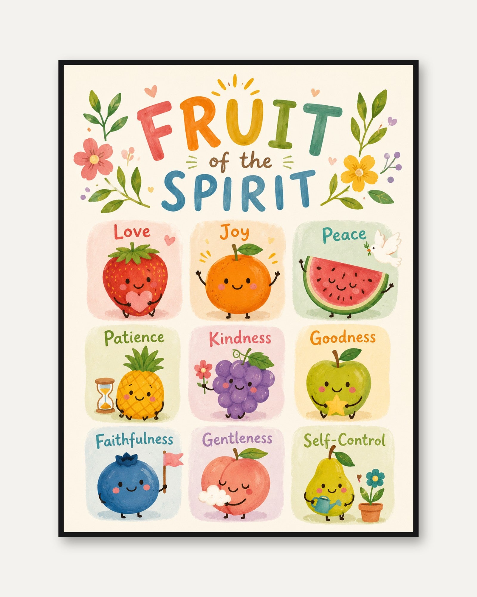 Fruit of the Spirit Wall Art: Kawaii Character Illustration - framed