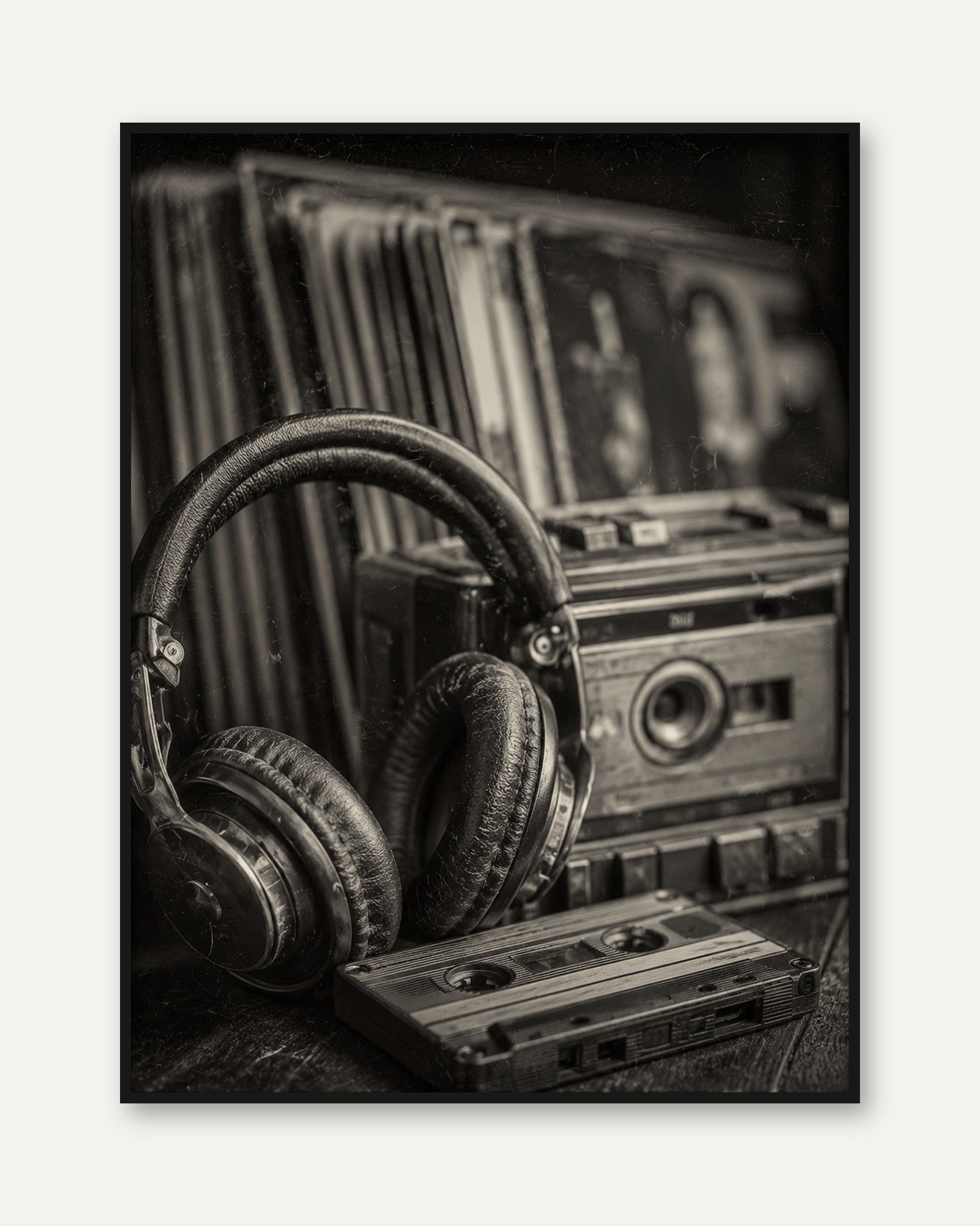 Vintage Audio Equipment Print: Black and White Retro Photography - framed