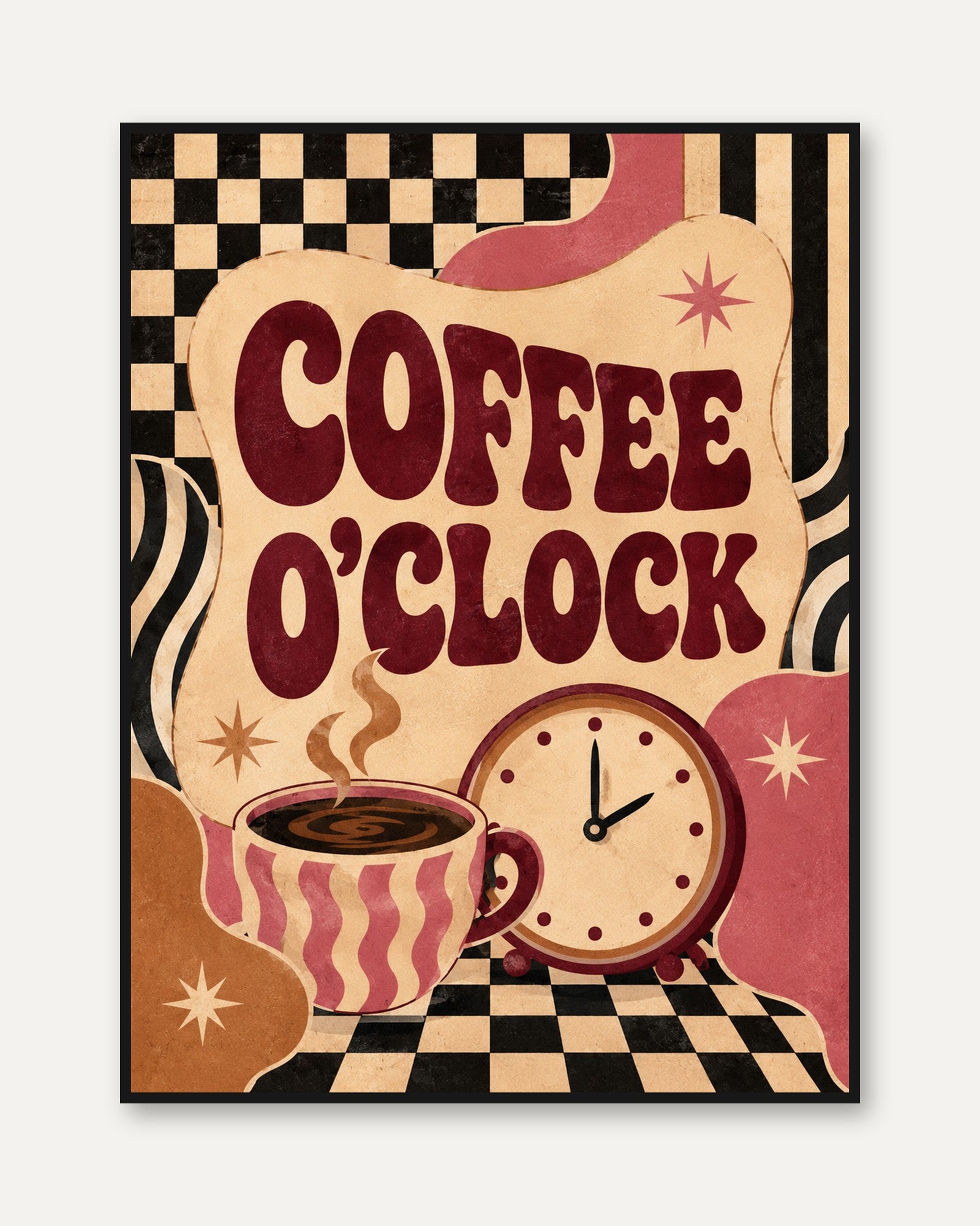 Coffee O'Clock Retro Kitchen Print: Mid-Century Typography Art - framed