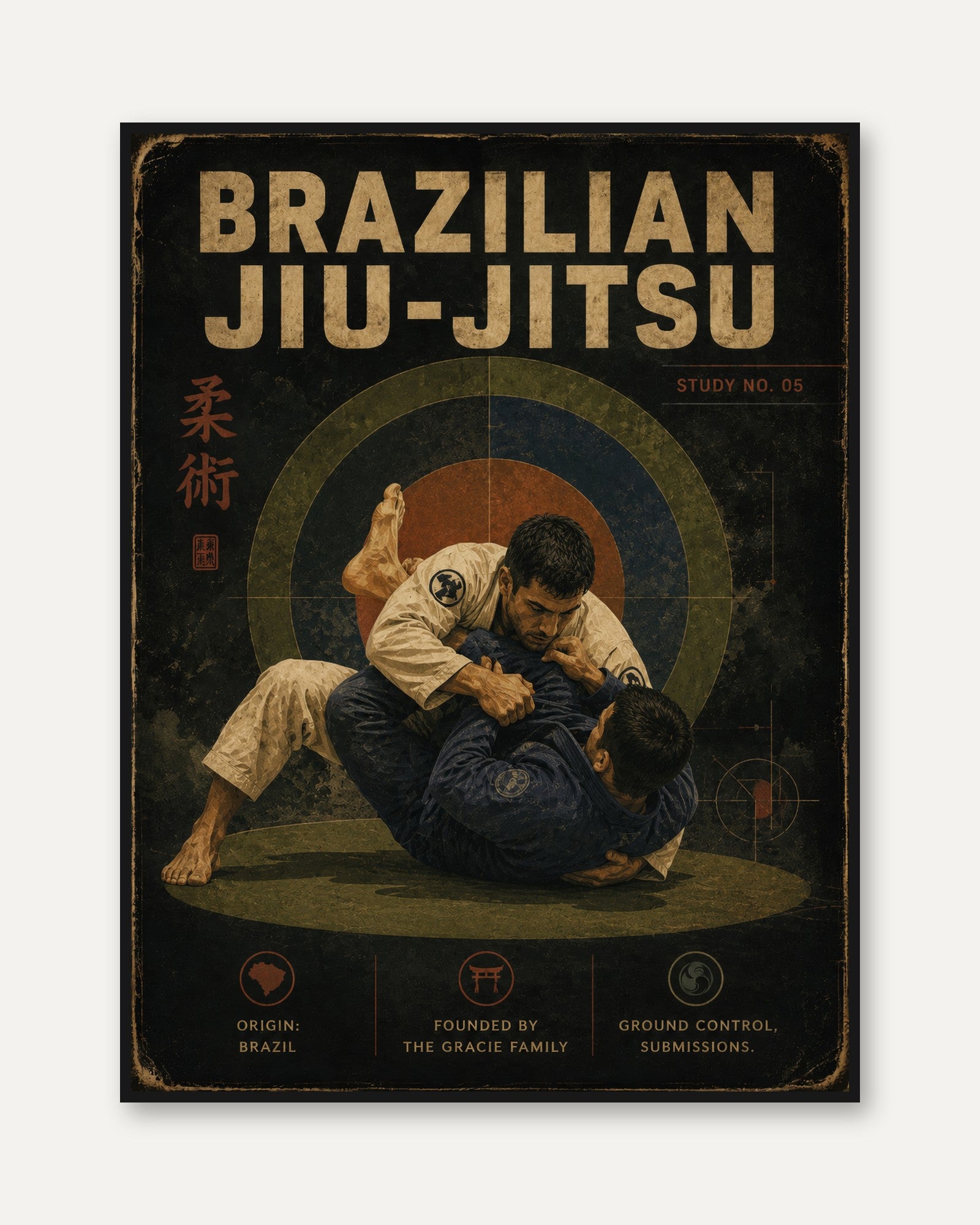 Martial Arts Print: Brazilian Jiu-Jitsu Vintage Style - framed