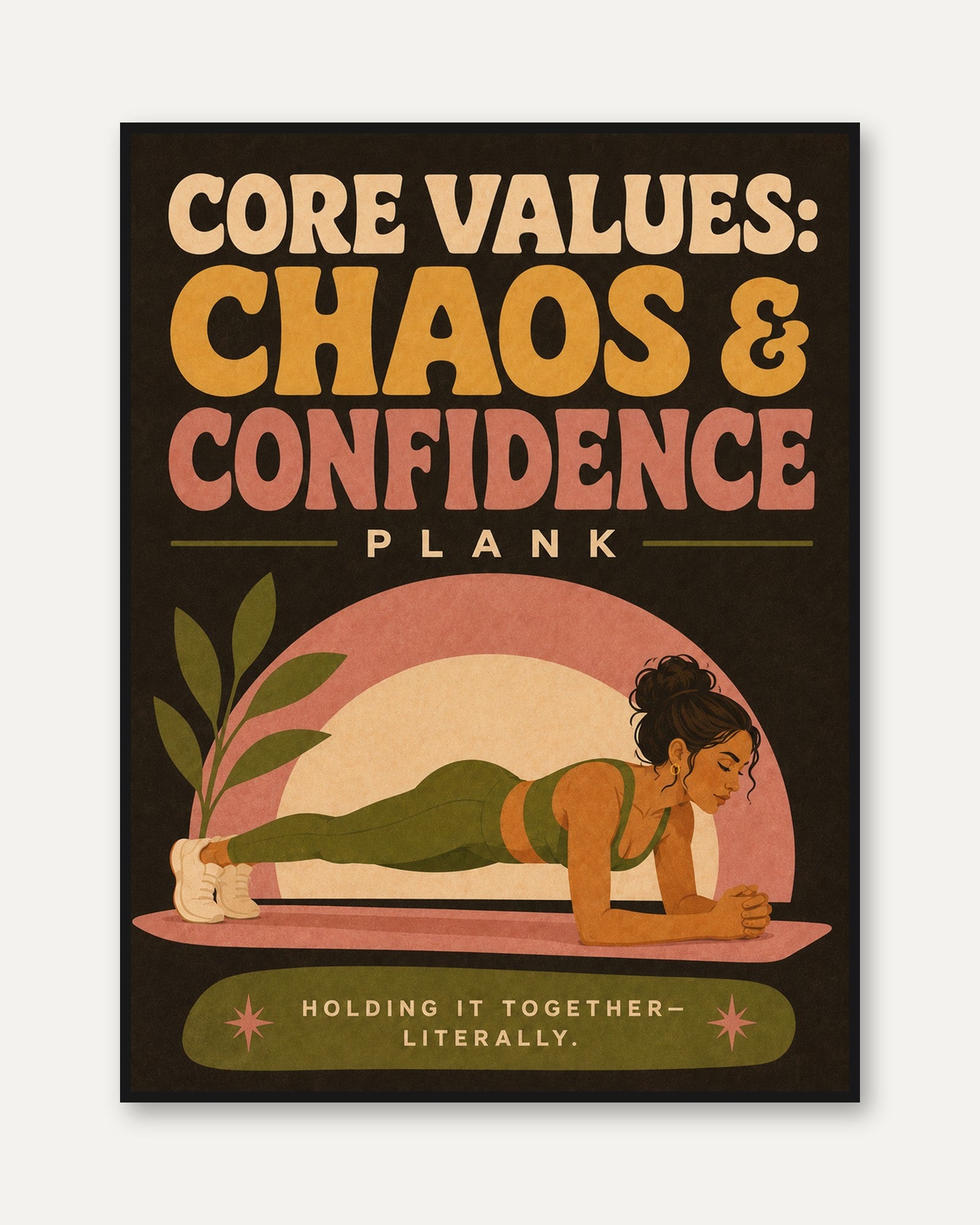 Yoga Plank Pose Art Print: Retro Motivational Fitness Poster - framed