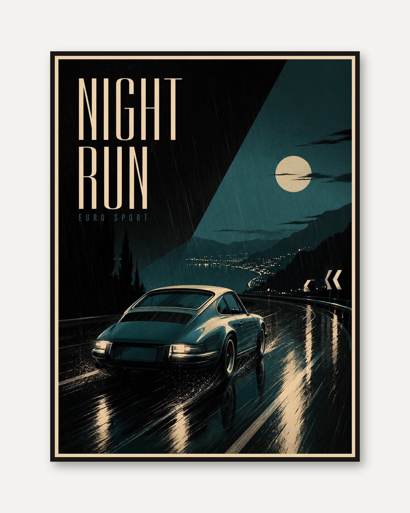 Night Run Sports Car Poster: Retro Racing Art with Teal Moonlight - framed