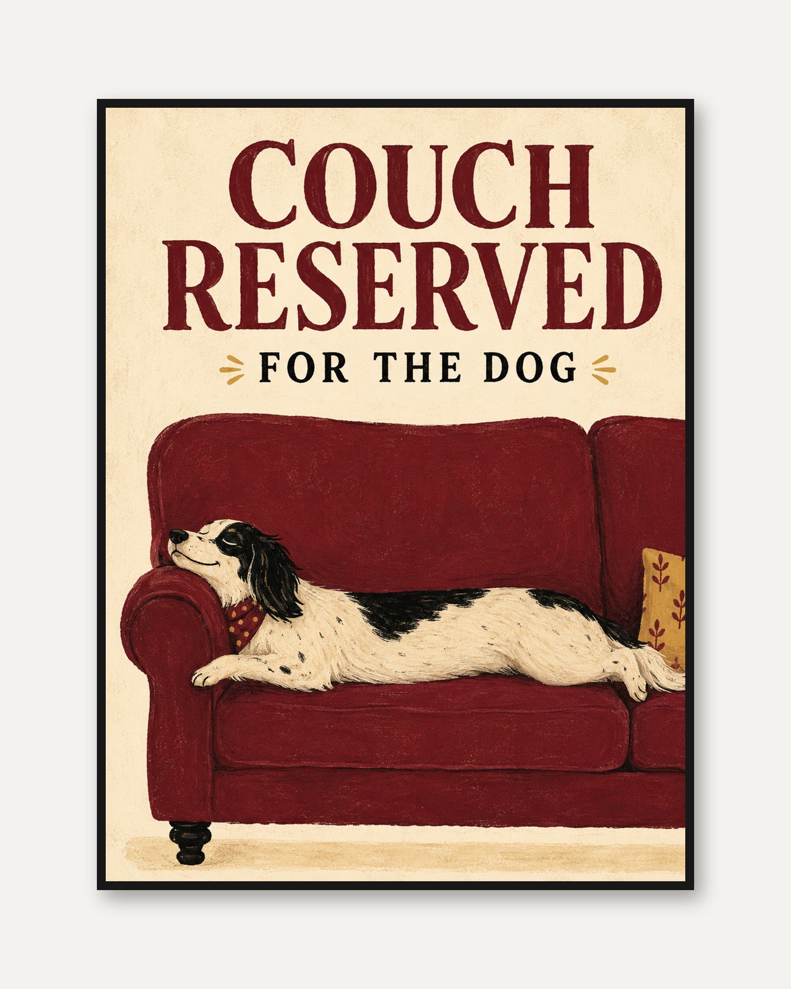 Funny Dog Poster – Vintage Spaniel Couch Print - framed