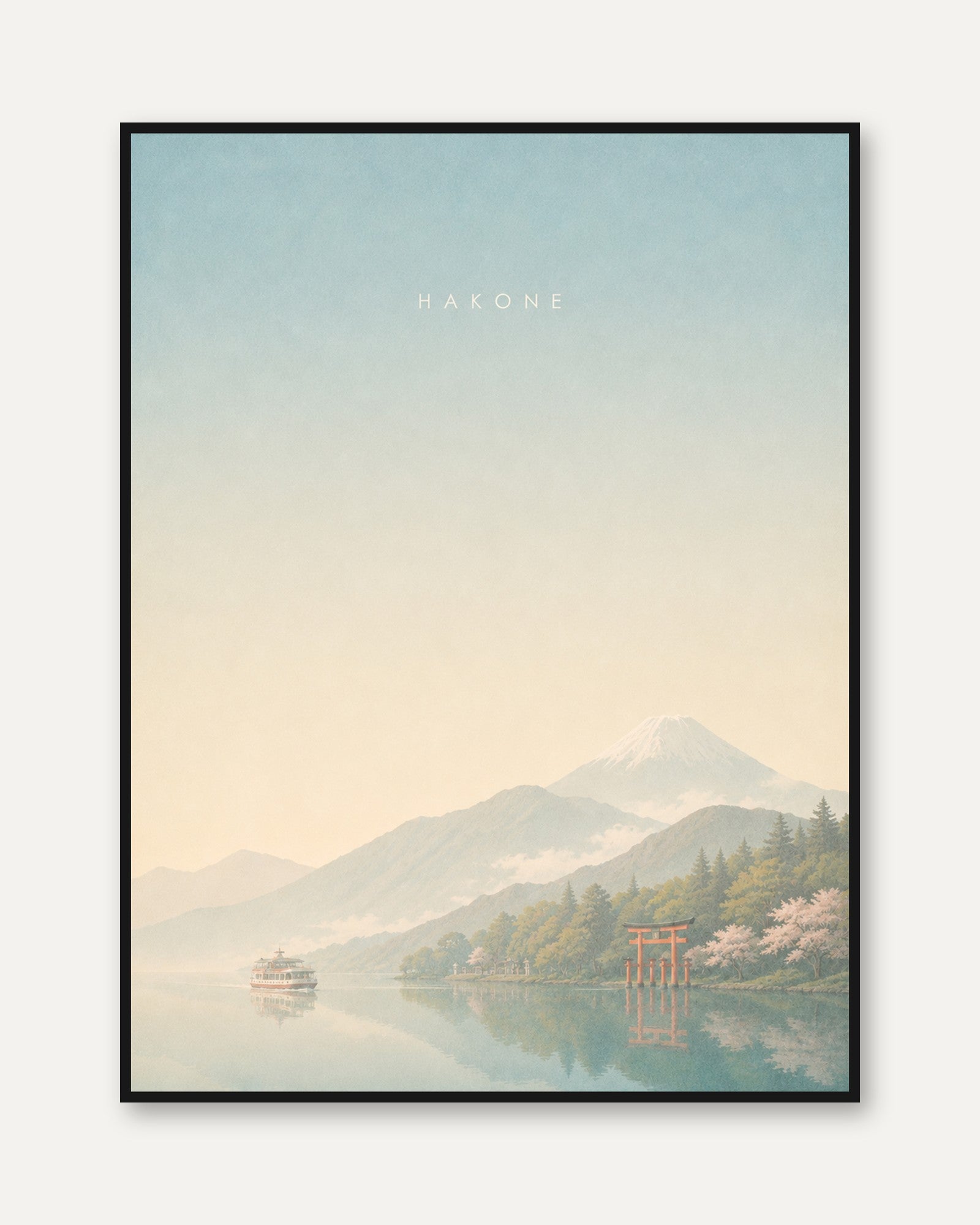 Hakone Lake Landscape Poster: Japanese Mountain and Torii Gate Art - framed