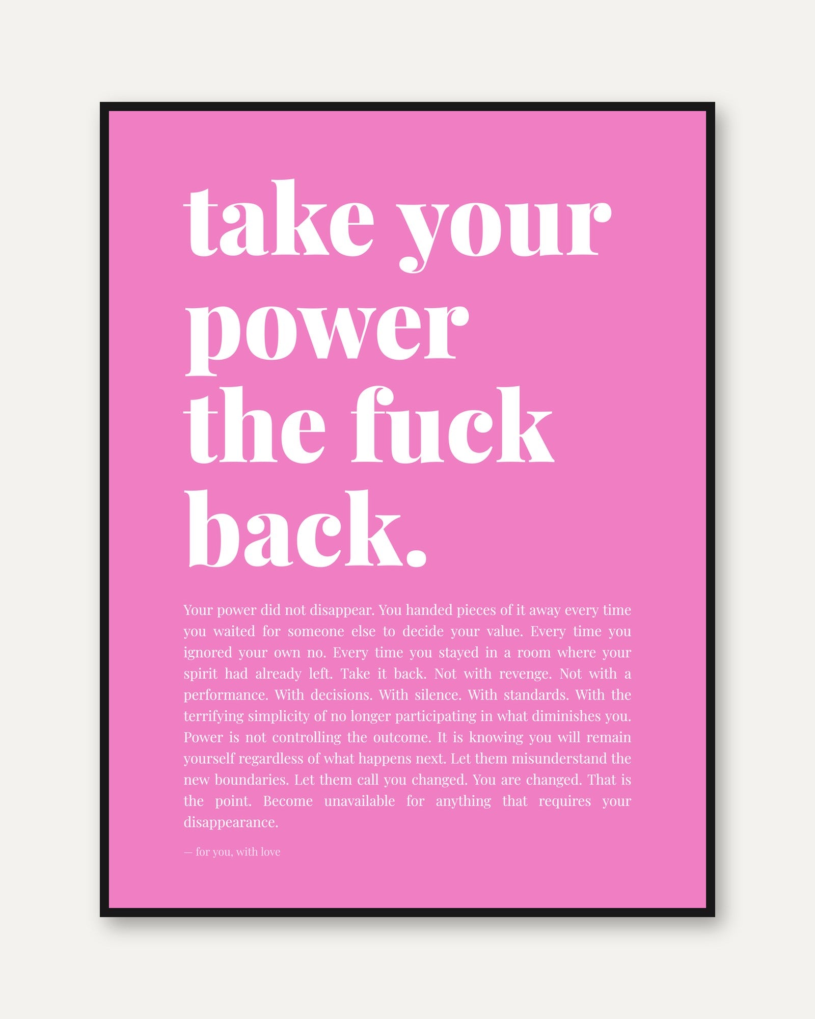 Take Your Power Back: Pink Empowerment Typography Wall Art - framed