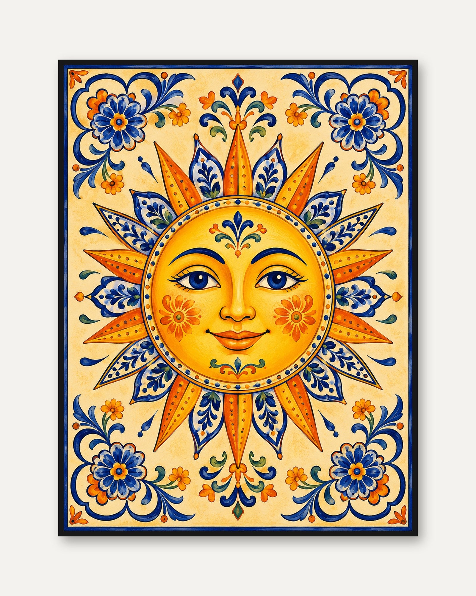Sun Face Wall Art – Folk Art Print - framed