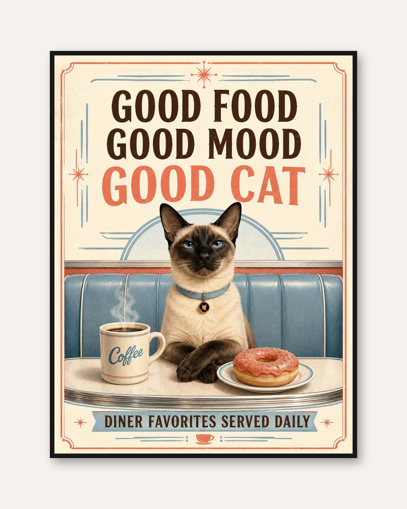 Cat Kitchen Wall Art – Good Food Good Mood Print - framed