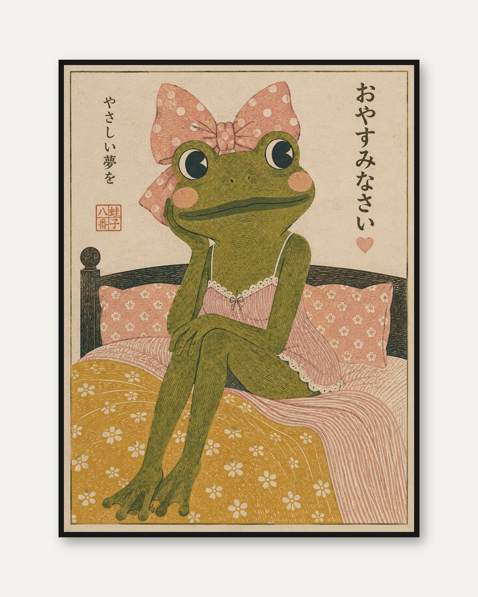 Japanese Frog With Pink Bow Art Print: Vintage Kawaii Style - framed