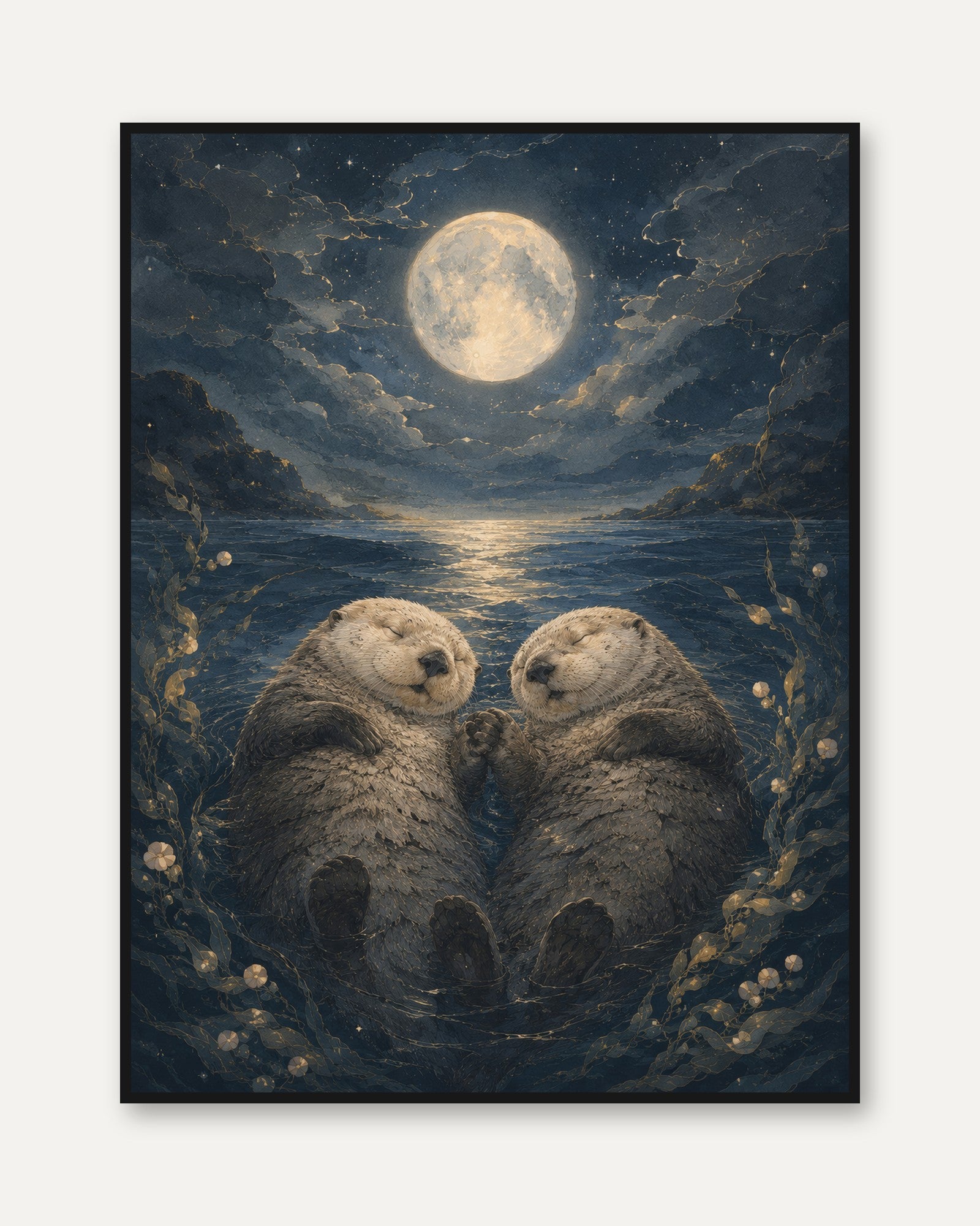 Sea Otters Holding Hands Print — Romantic Moonlight Ocean Scene - framed