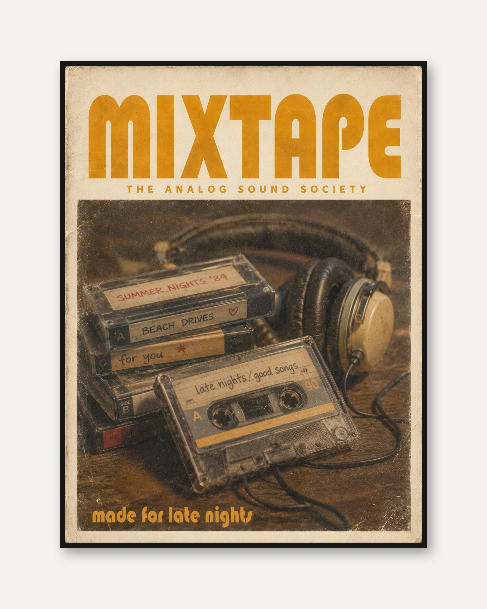Vintage Mixtape Poster — Retro Cassette Tape & Headphones - framed