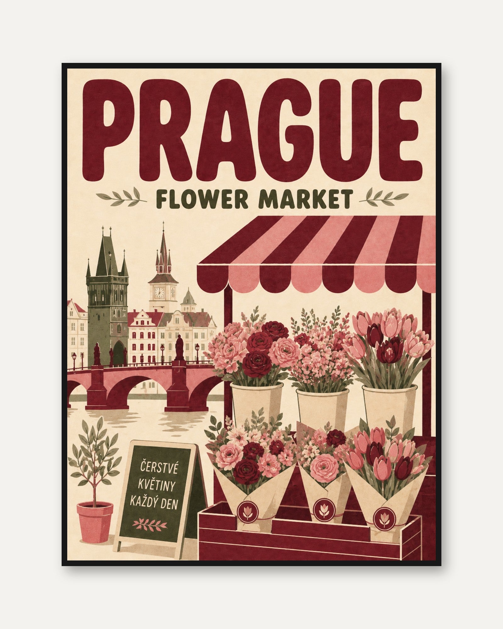 Vintage Travel Poster: Prague Flower Market - framed