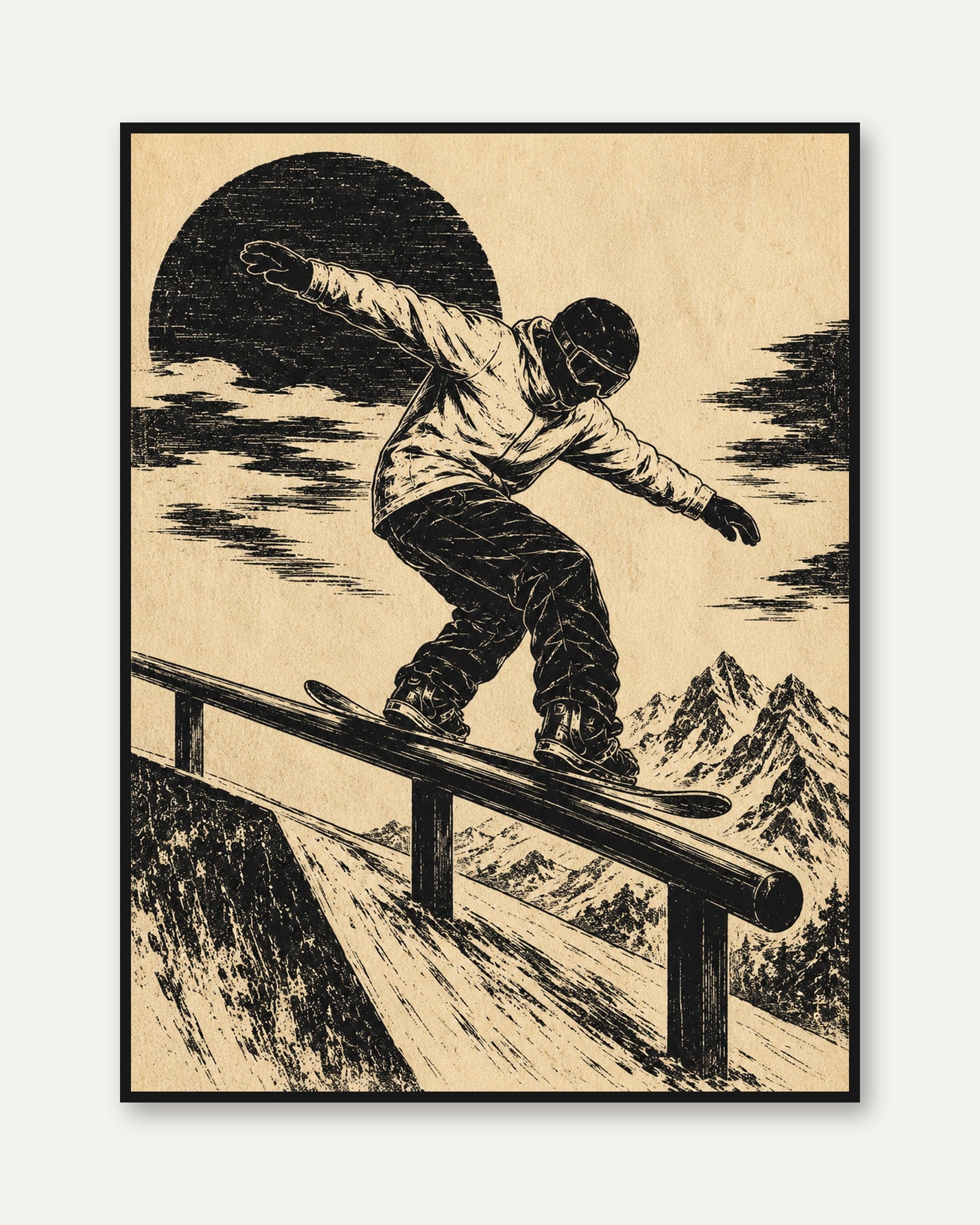 Snowboarder Rail Slide Print: Vintage Woodcut Mountain Sports Art - framed