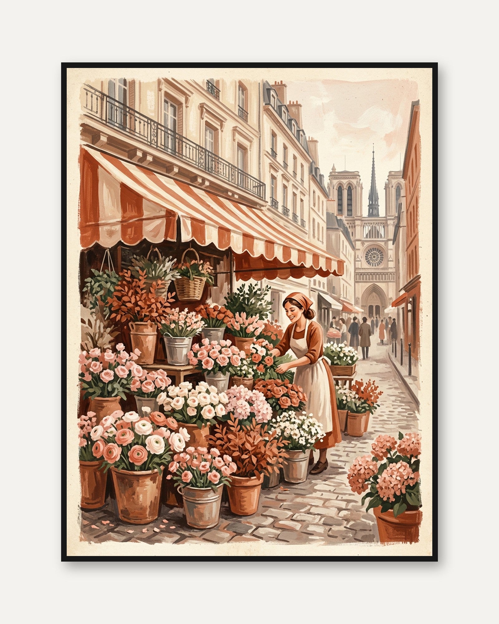 Parisian Flower Market Wall Art: Vintage European Street Scene - framed