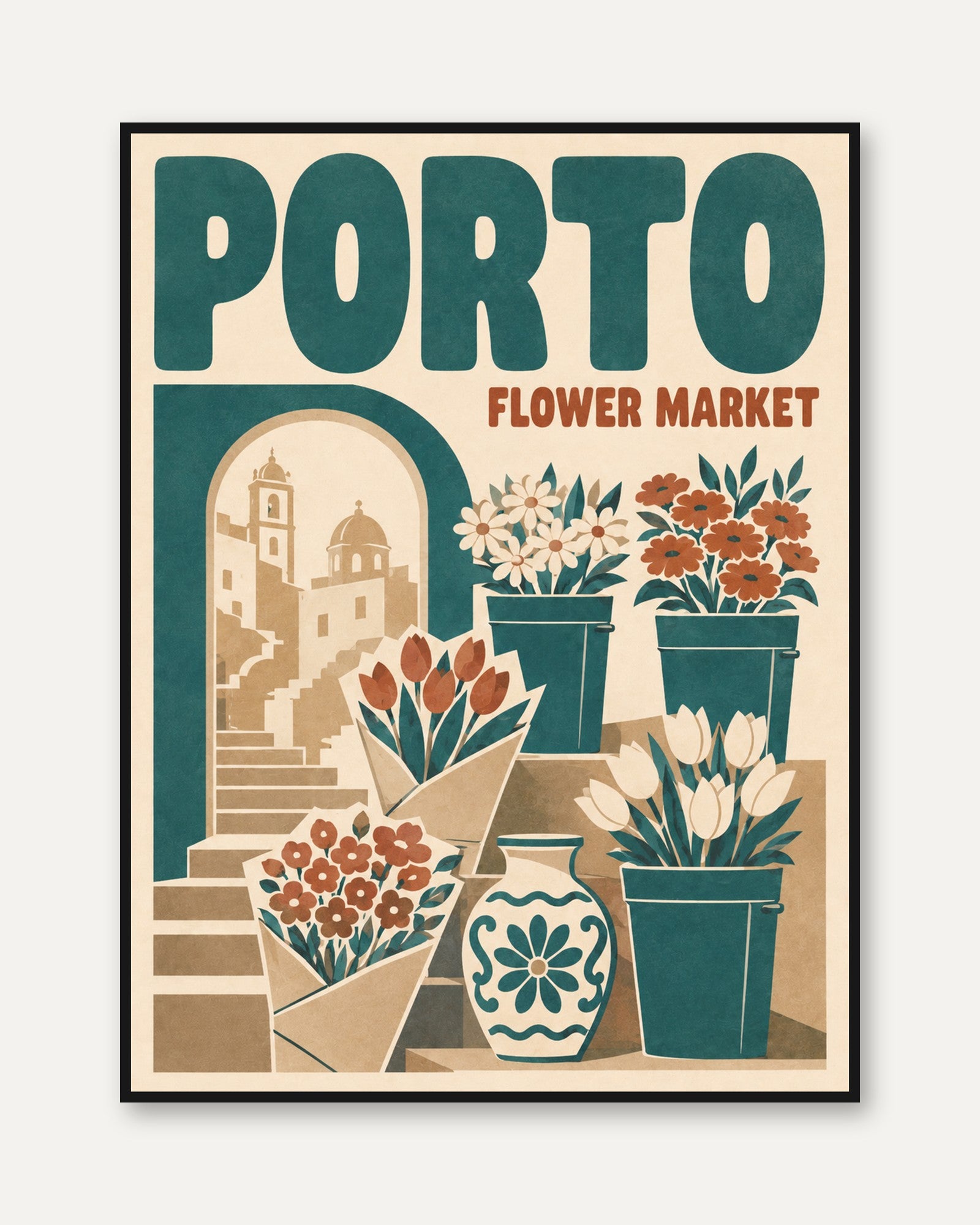 Flower Market Wall Art: Retro Porto Travel Poster - framed