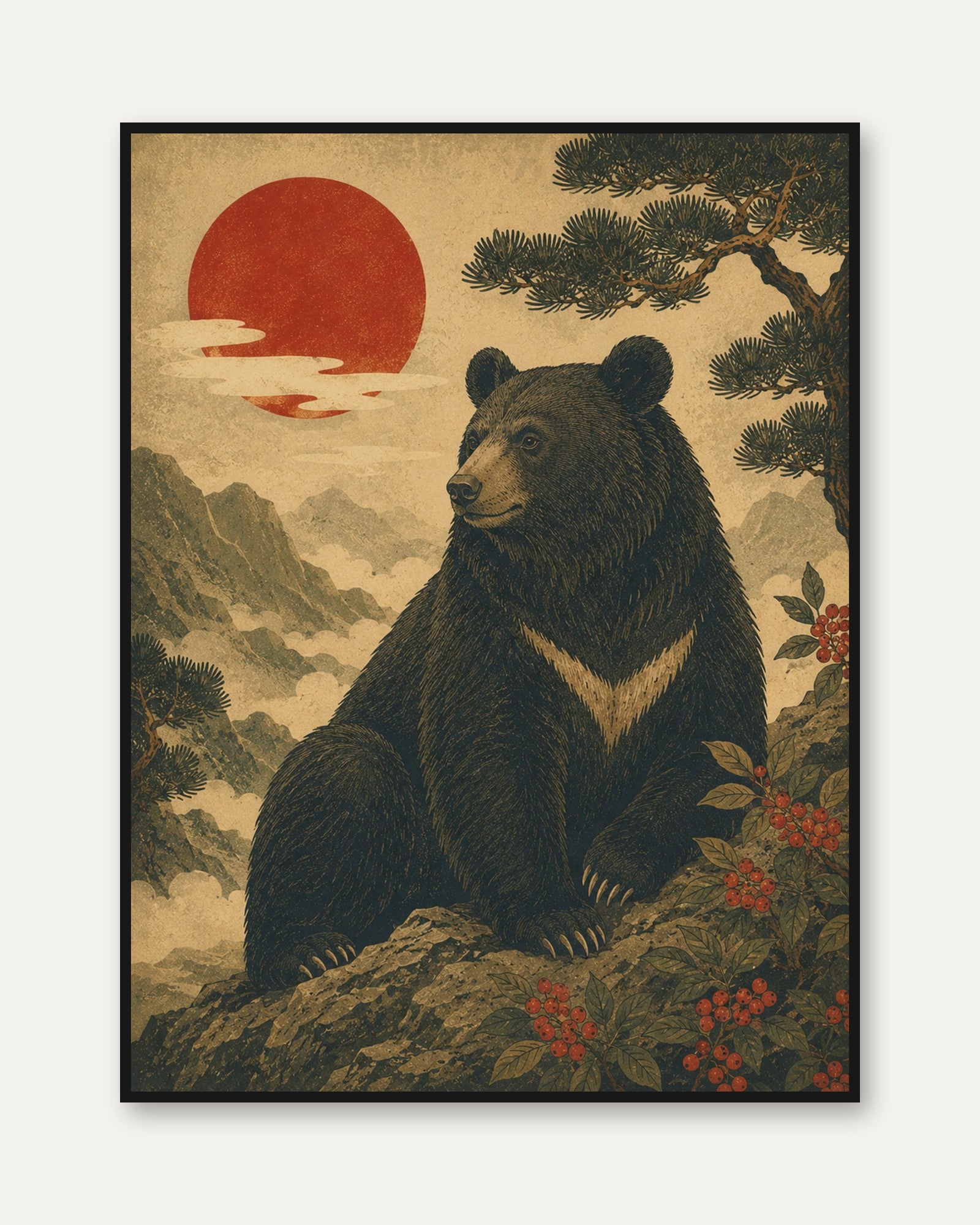 Bear Wall Art Print: Japanese Vintage Style - framed