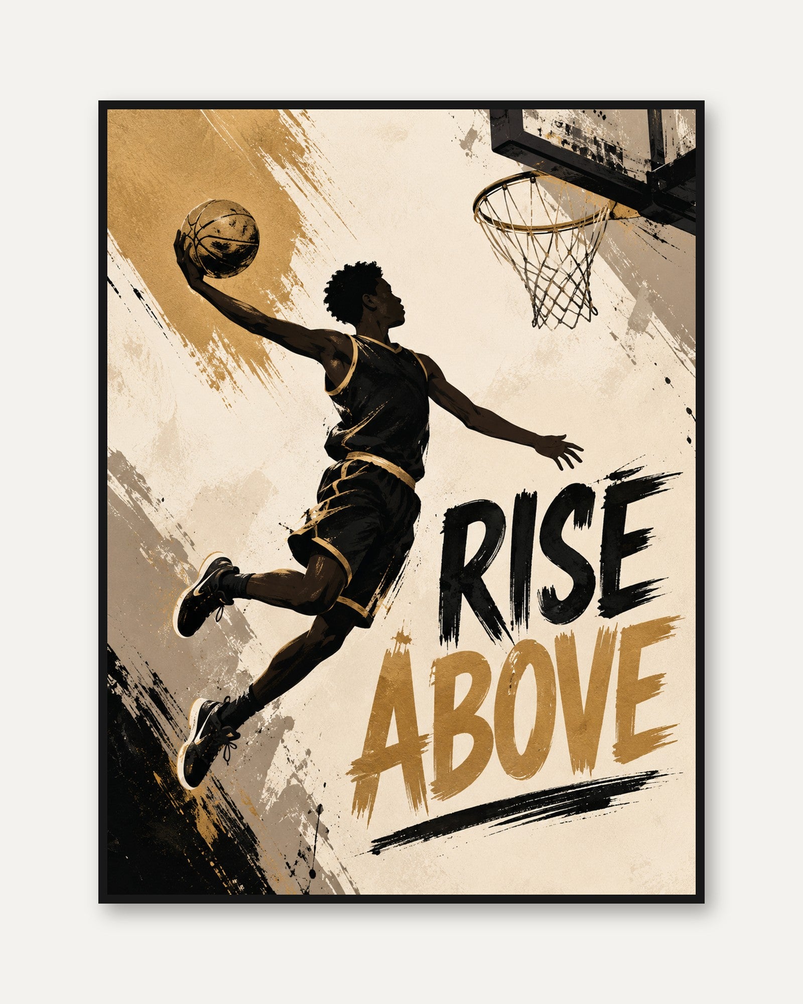 Basketball Slam Dunk Poster: Urban Sports Art in Gold and Black - framed
