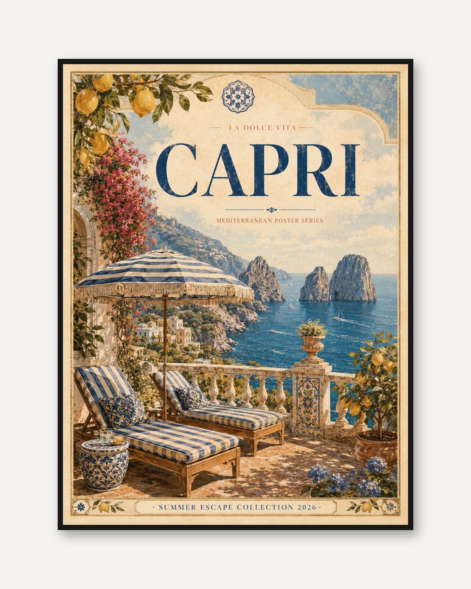 Capri Travel Poster Print — Vintage Mediterranean Coast - framed