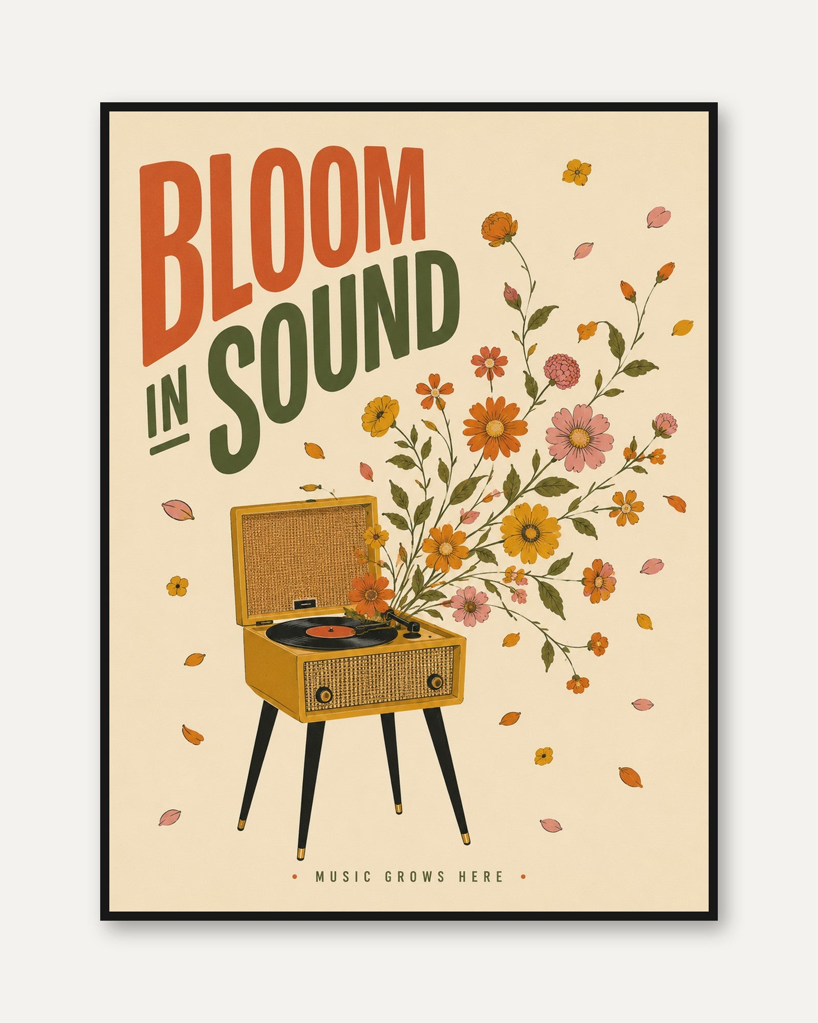 Vintage Record Player with Autumn Florals: Retro Music Poster - framed