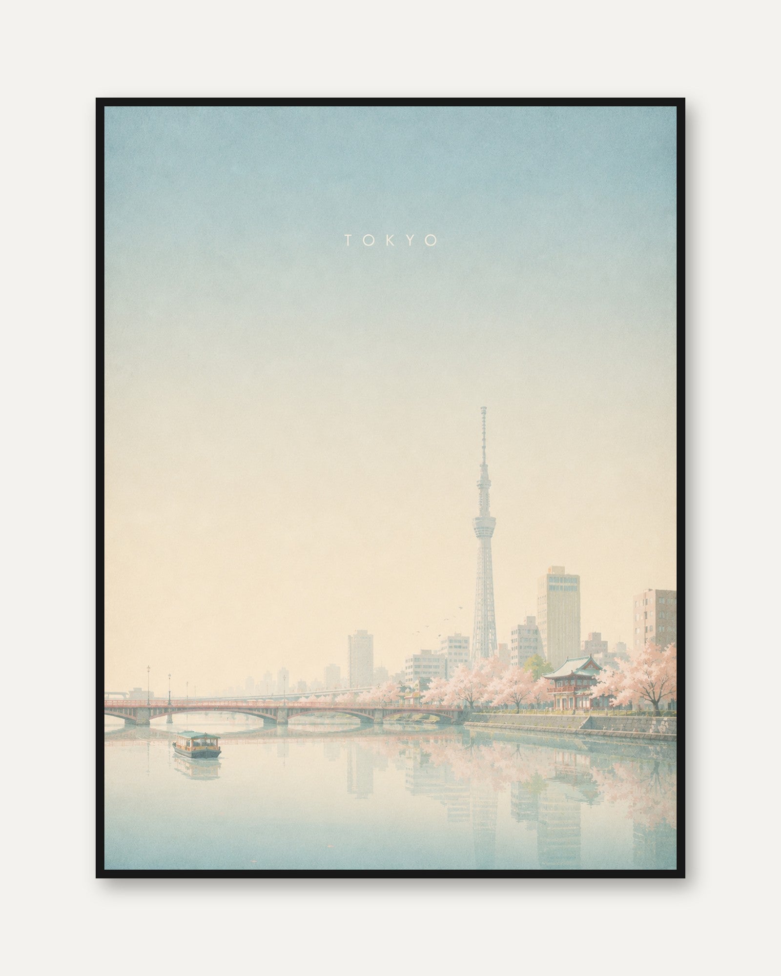 Tokyo Skytree Cherry Blossom Print: Pastel Cityscape Wall Art - framed